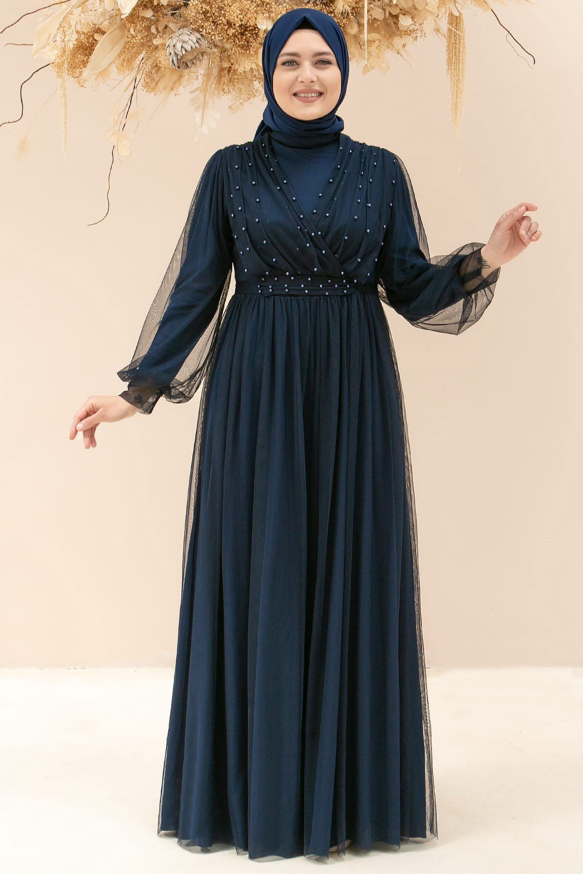 Robe de soirée en tulle avec pierre perlée Bleu Marin FHM830FHM830-LACİVERTFahima