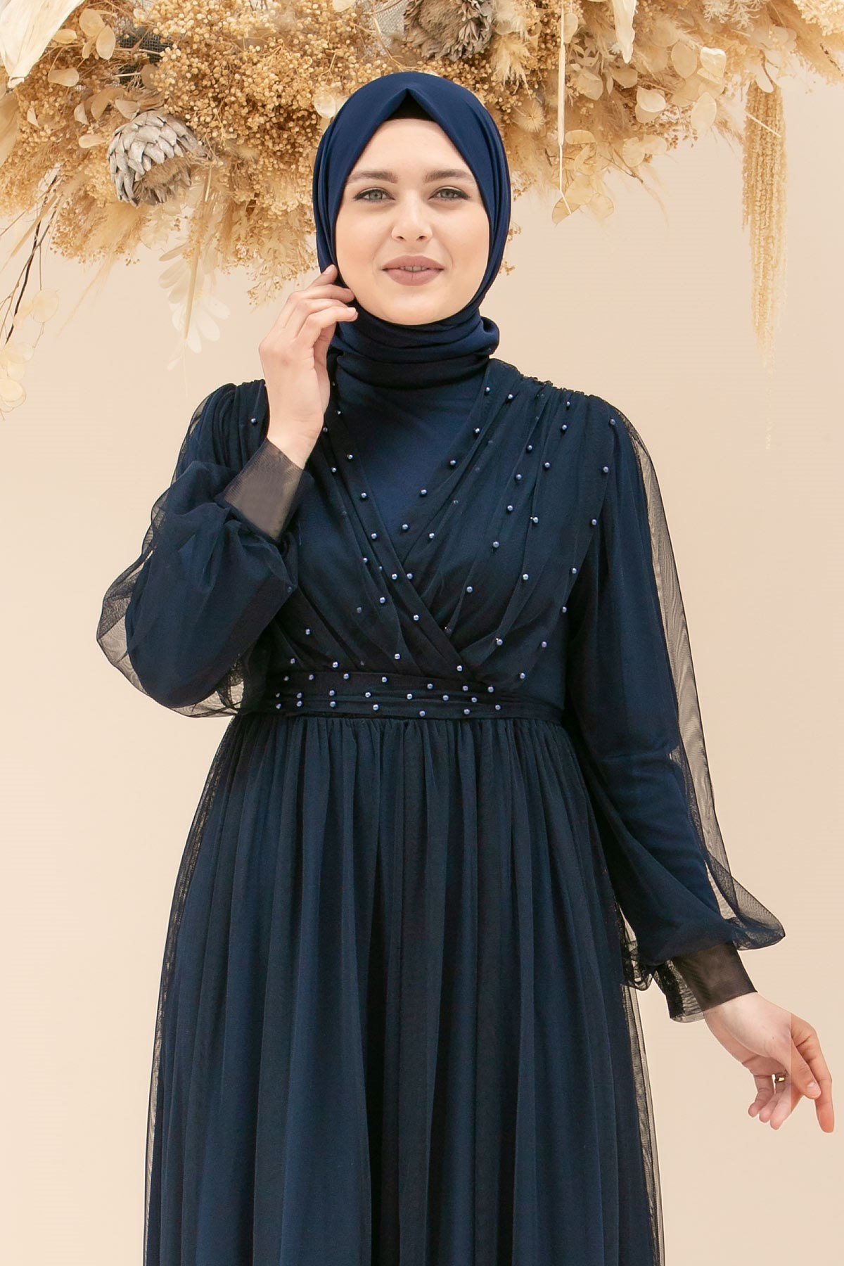 Robe de soirée en tulle avec pierre perlée Bleu Marin FHM830FHM830-LACİVERTFahima