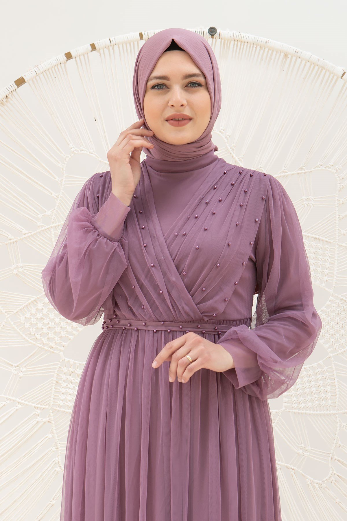 Pearl Stone Detailed Tulle Evening Dresses Lilac FHM830FHM830-LİLAFahima