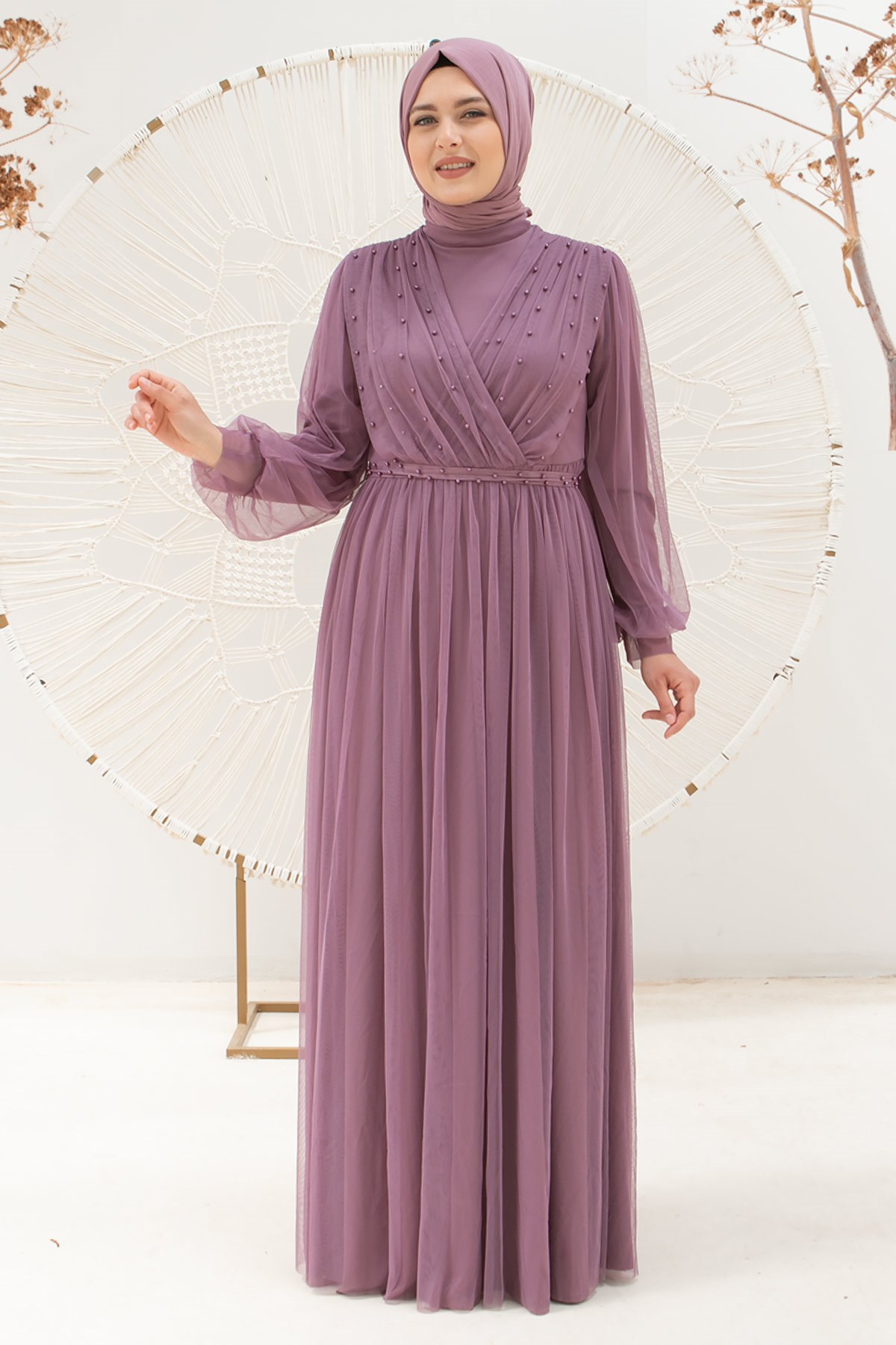 Pearl Stone Detailed Tulle Evening Dresses Lilac FHM830FHM830-LİLAFahima