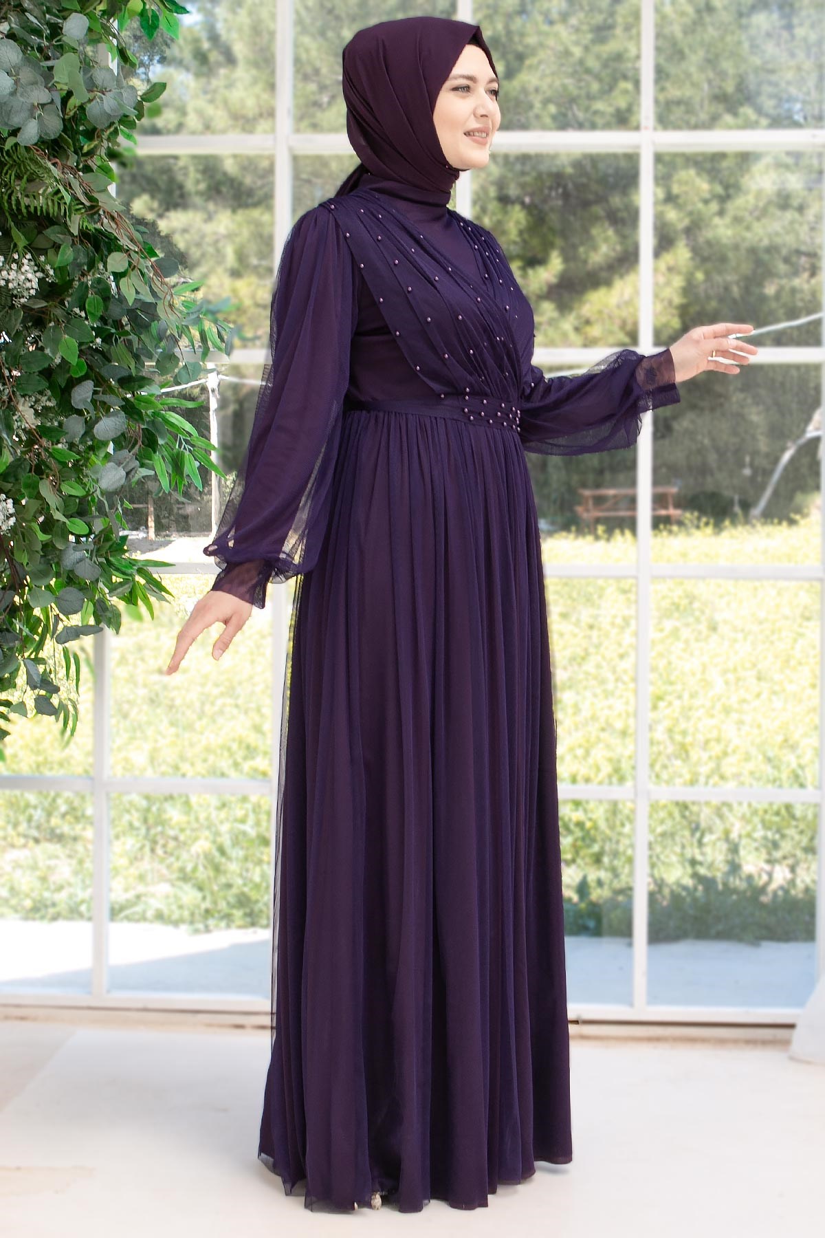 Pearl Stone Detailliertes Tüll-Abendkleid Violett FHM830FHM830-MORFahima