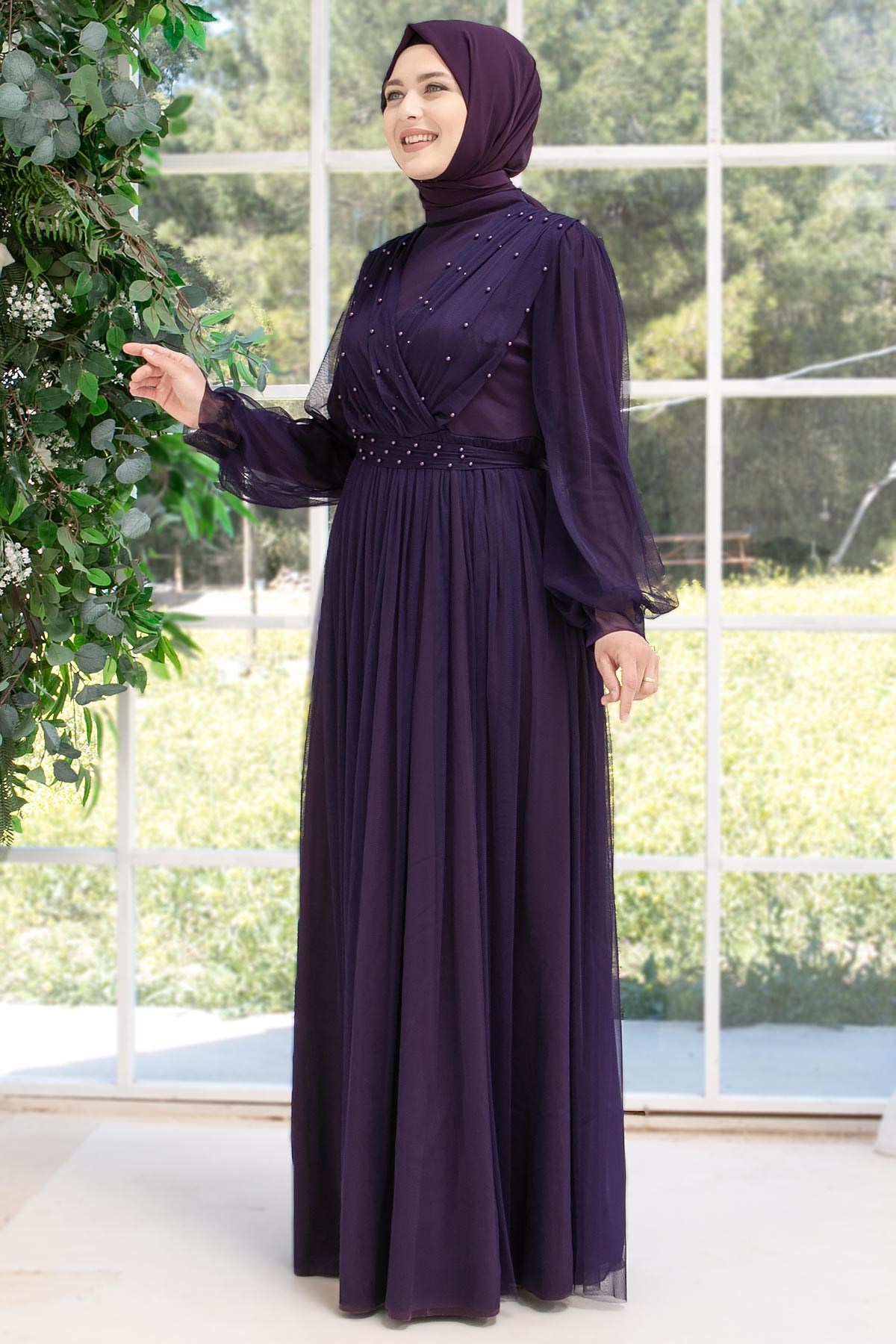 Pearl Stone Detailliertes Tüll-Abendkleid Violett FHM830FHM830-MORFahima