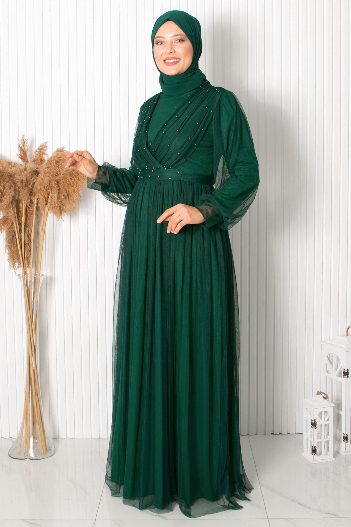 Perle Stein Detaillierte Tüll Abendkleid Smaragd FHM830FHM830-ZÜMRÜTFahima