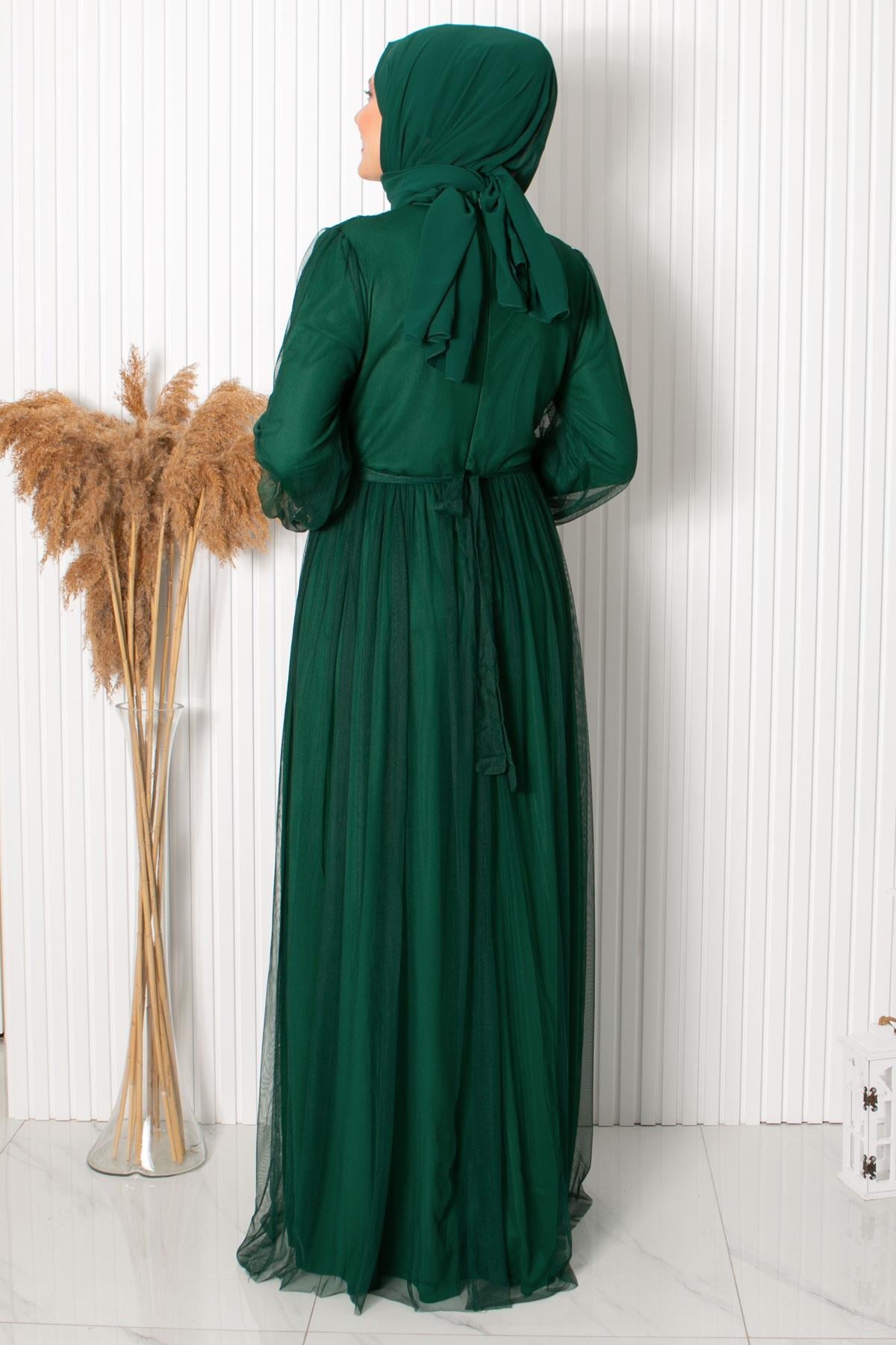 Perle Stein Detaillierte Tüll Abendkleid Smaragd FHM830FHM830-ZÜMRÜTFahima