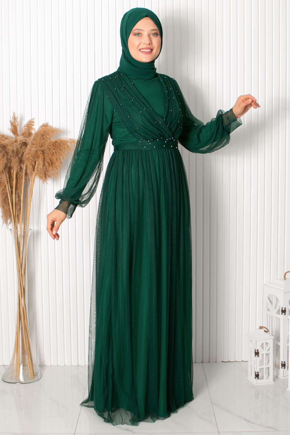 Perle Stein Detaillierte Tüll Abendkleid Smaragd FHM830FHM830-ZÜMRÜTFahima