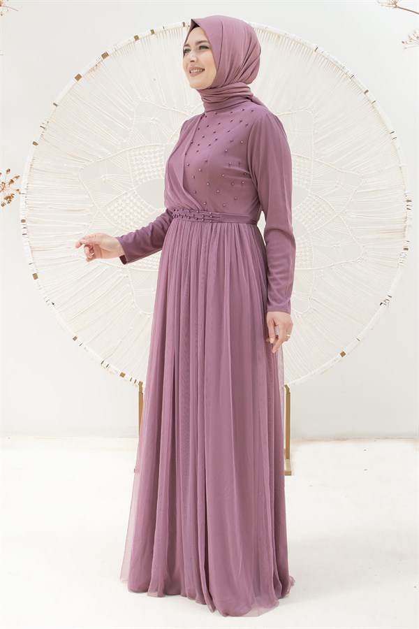 Perlendetailliertes gewölbtes Tüll-Abendkleid Kleid Flieder FHM831FHM831-LİLAFahima