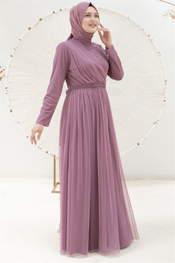 Perlendetailliertes gewölbtes Tüll-Abendkleid Kleid Flieder FHM831FHM831-LİLAFahima