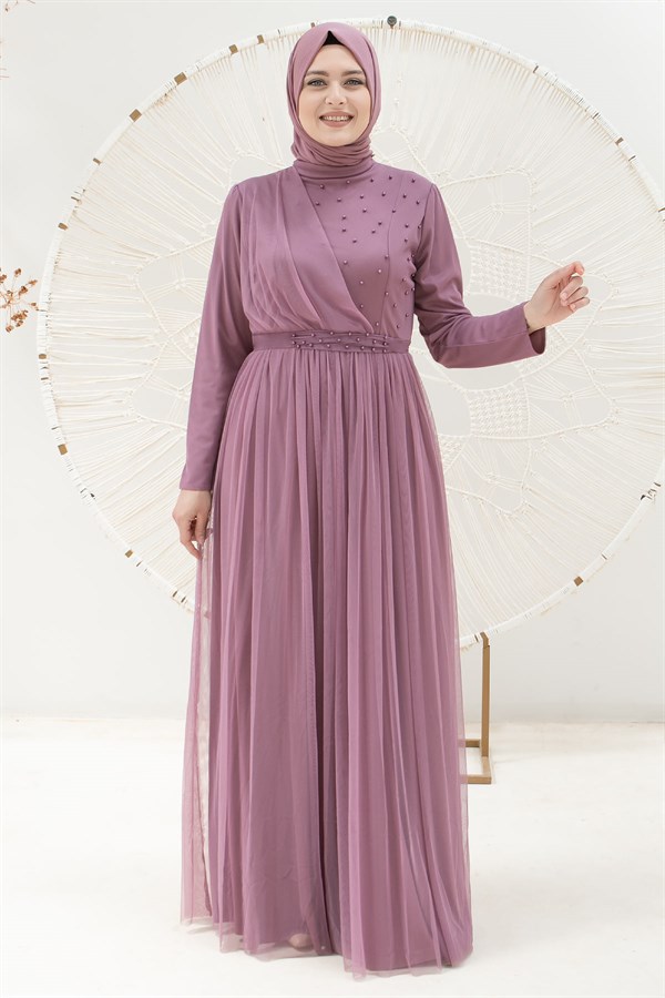 Perlendetailliertes gewölbtes Tüll-Abendkleid Kleid Flieder FHM831FHM831-LİLAFahima