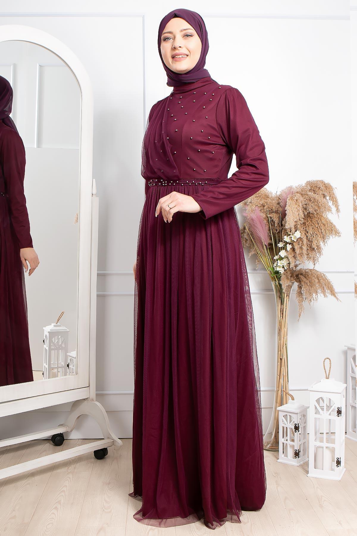 Pearl Detailed Arched Tulle Evening Dress Dress Plum FHM831FHM831-MÜRDÜMFahima
