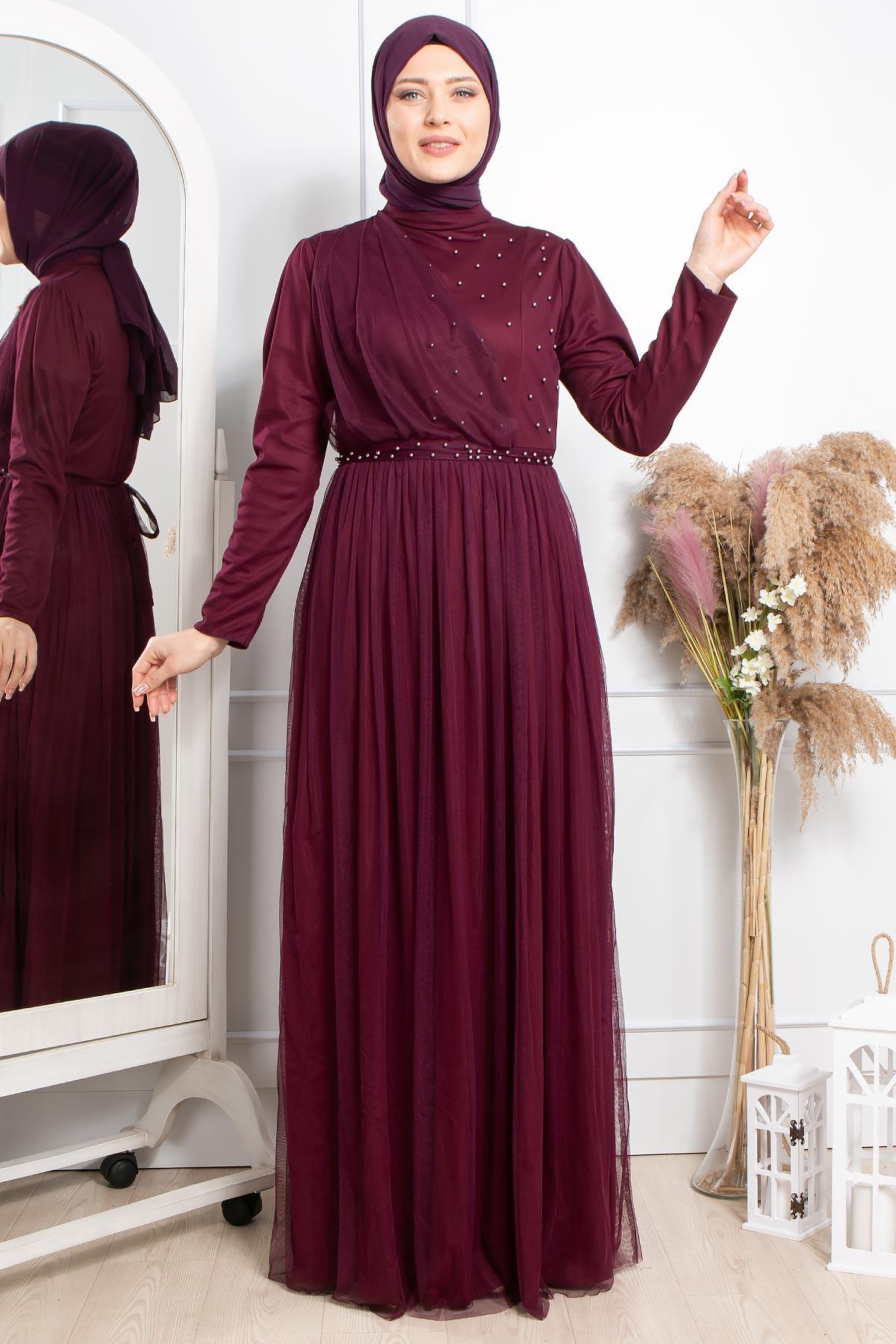 Pearl Detailed Arched Tulle Evening Dress Dress Plum FHM831FHM831-MÜRDÜMFahima