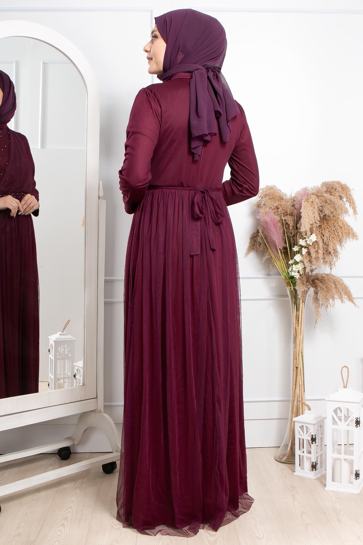Pearl Detailed Arched Tulle Evening Dress Dress Plum FHM831FHM831-MÜRDÜMFahima