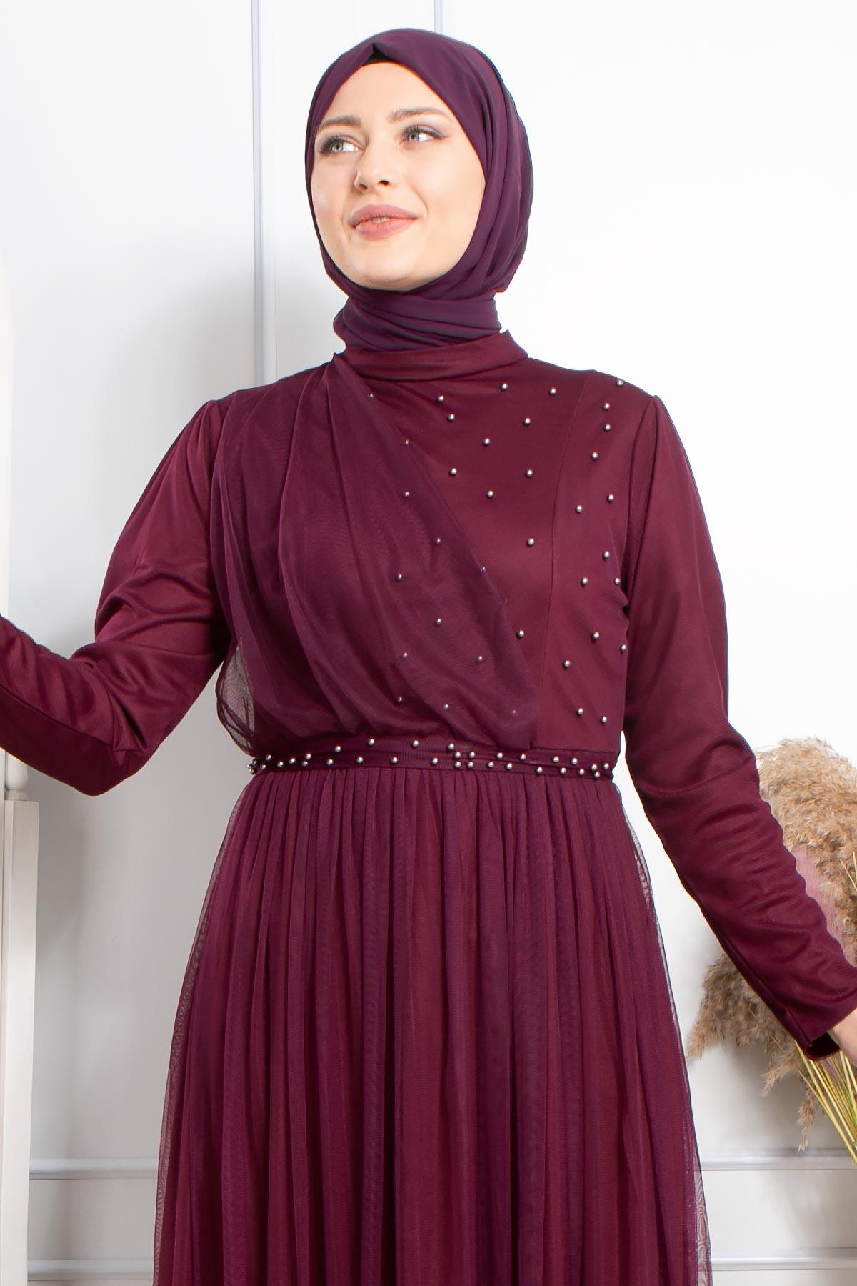 Pearl Detailed Arched Tulle Evening Dress Dress Plum FHM831FHM831-MÜRDÜMFahima