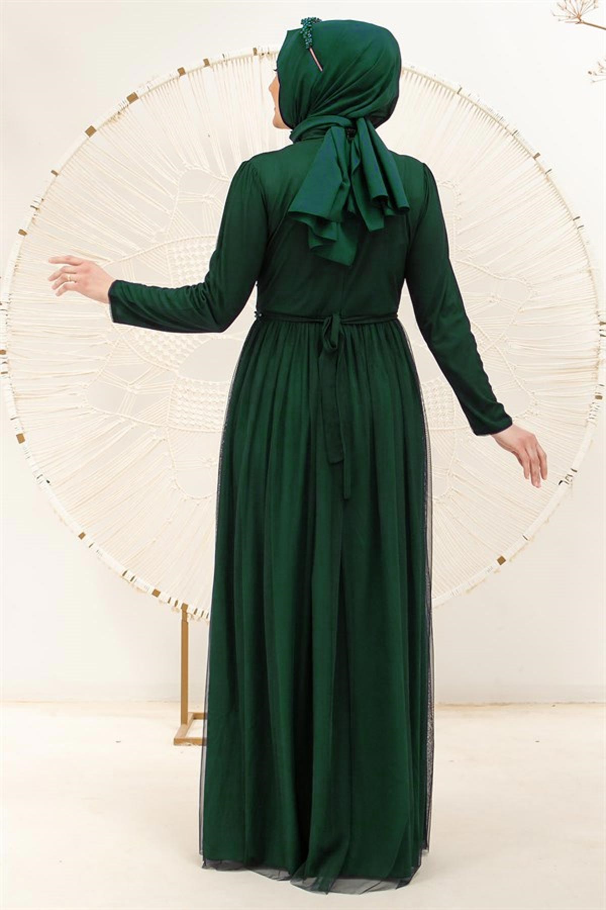 Pearl Detailed Arched Tulle Evening Dress Dress Emerald FHM831FHM831-ZÜMRÜTFahima