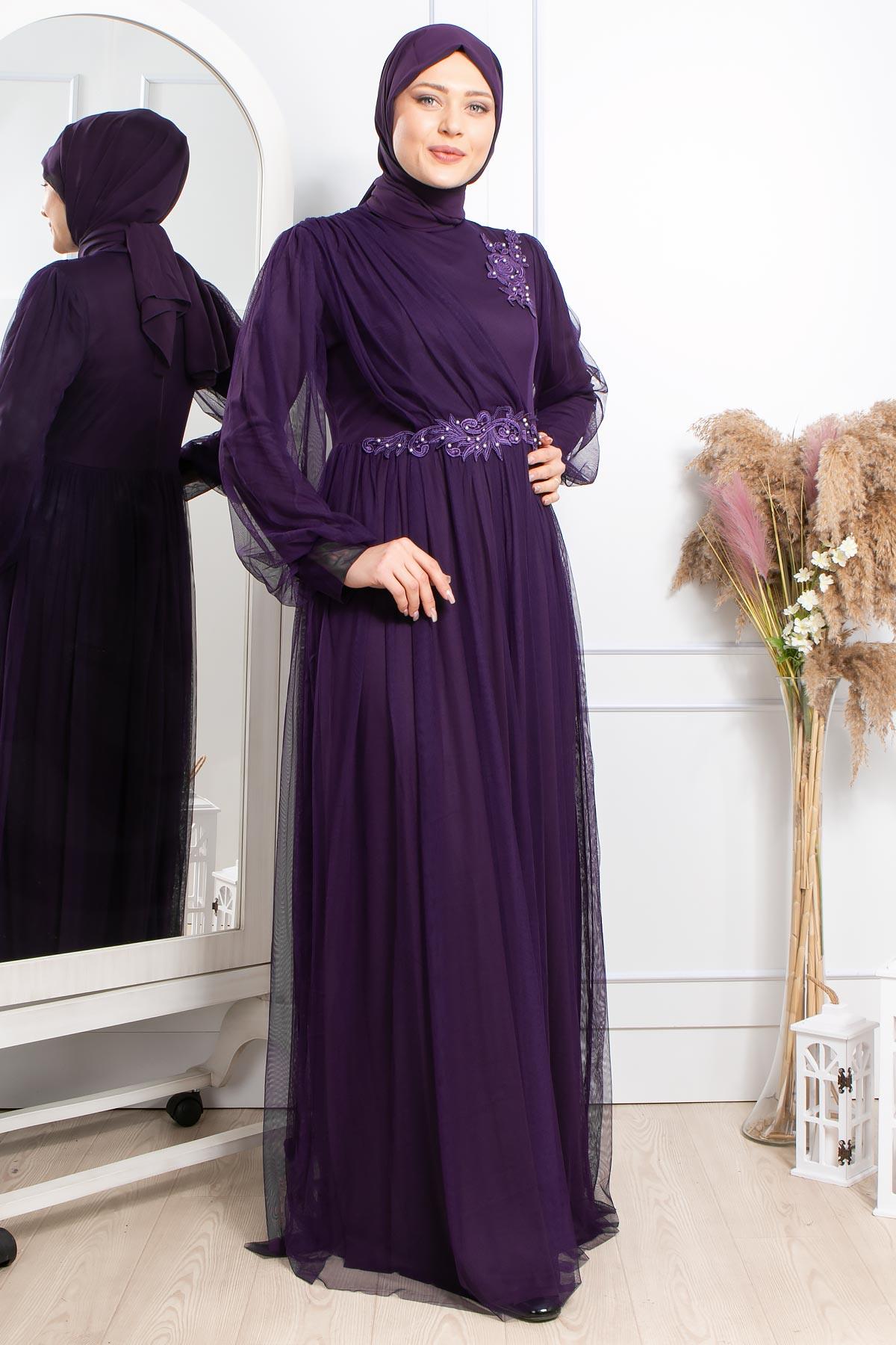 Robes de Soirée en Tulle avec Guipure Pourpre FHM844FHM844-MORFahima