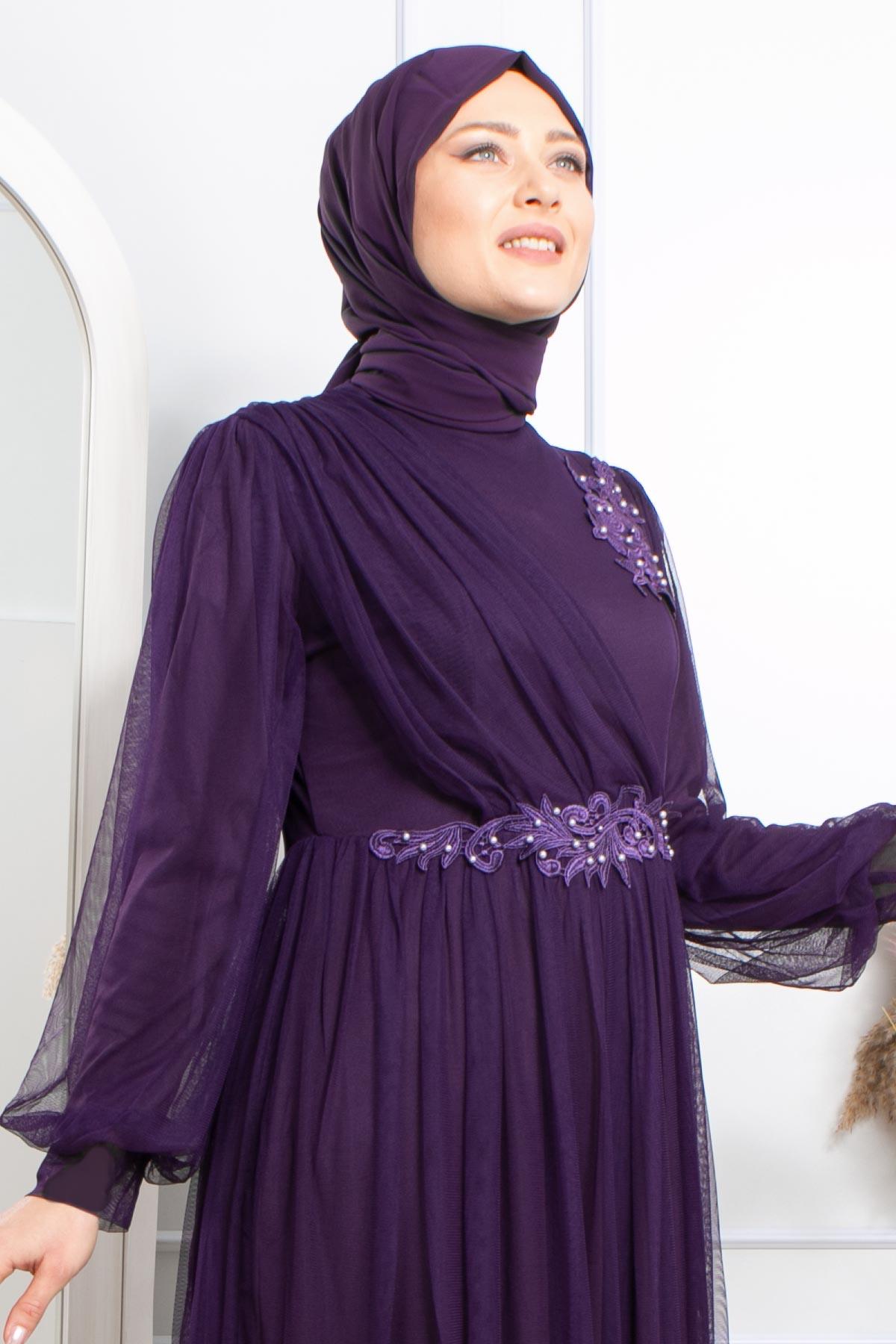Robes de Soirée en Tulle avec Guipure Pourpre FHM844FHM844-MORFahima