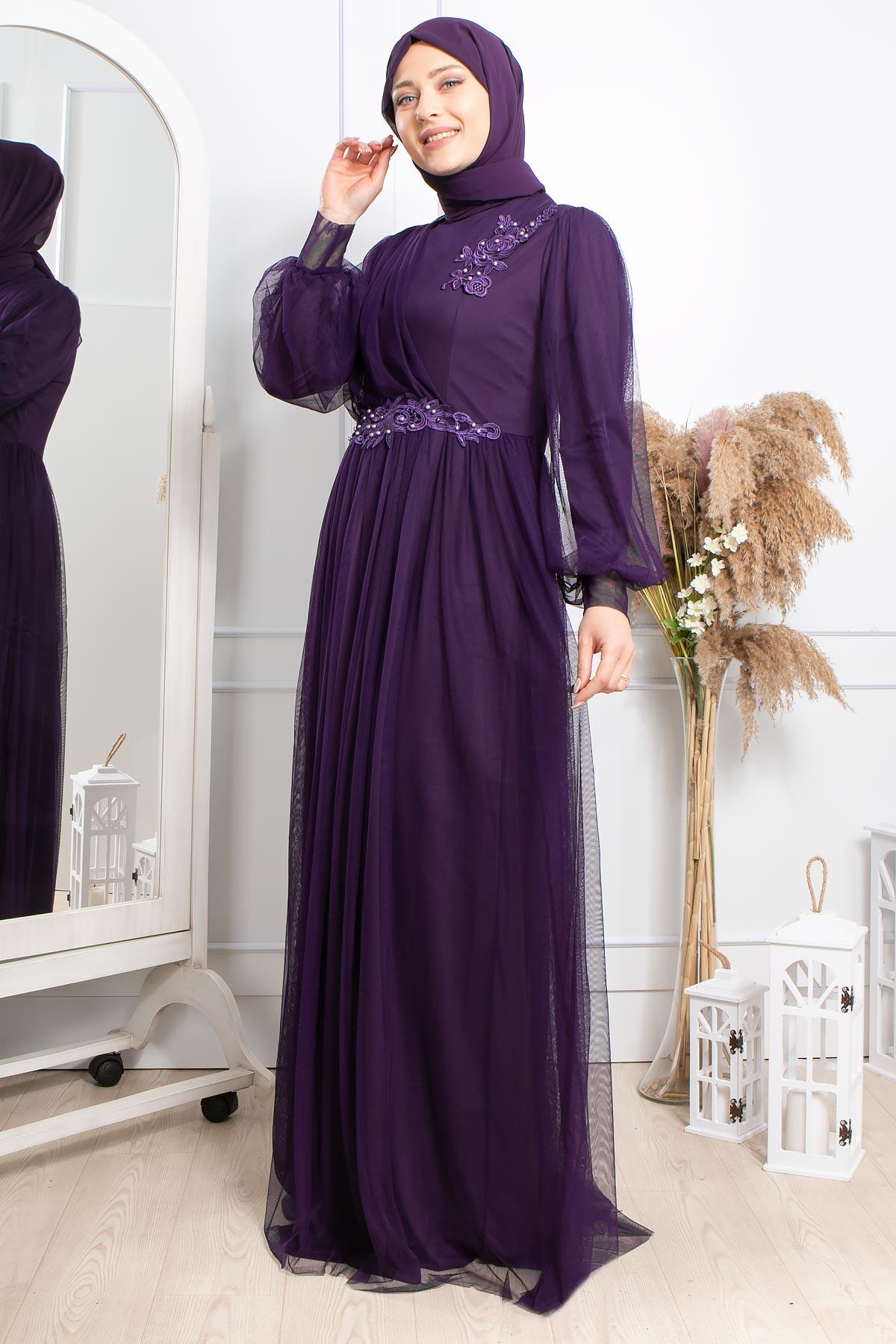 Robes de Soirée en Tulle avec Guipure Pourpre FHM844FHM844-MORFahima