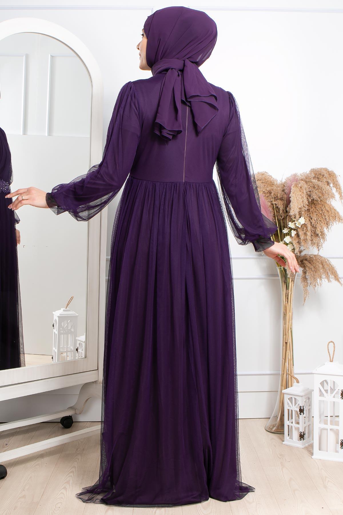 Robes de Soirée en Tulle avec Guipure Pourpre FHM844FHM844-MORFahima
