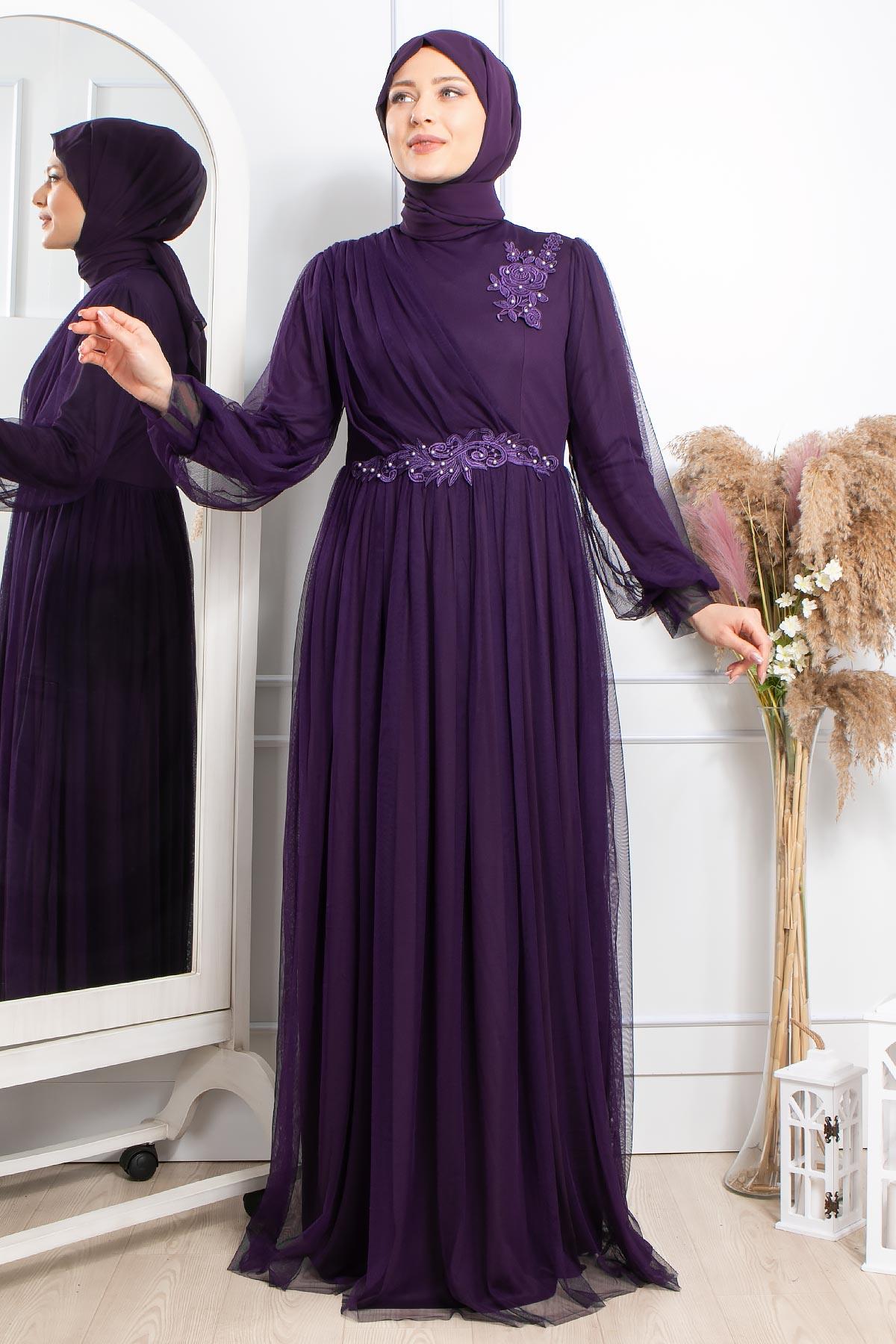 Robes de Soirée en Tulle avec Guipure Pourpre FHM844FHM844-MORFahima