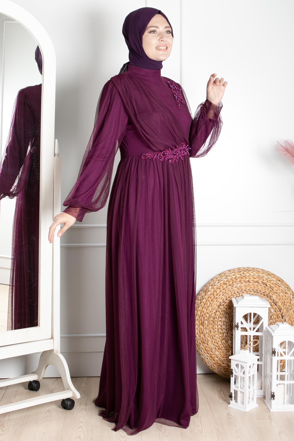 Tulle Evening Dresses with Guipure Plum FHM844FHM844-MÜRDÜMFahima