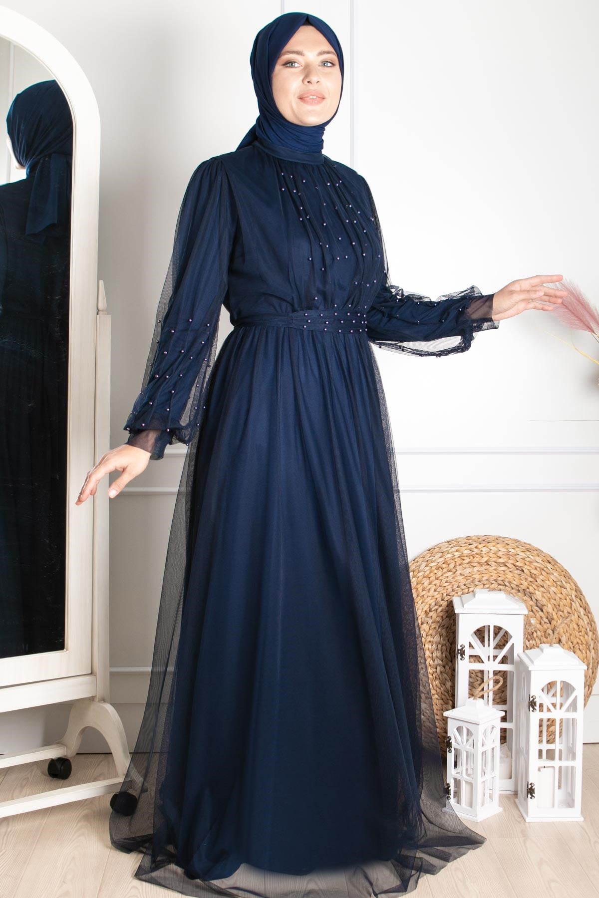 LAVİN İNCİ TAŞ DETAYLI TÜL ABİYEFHM846-LACİVERTFahima