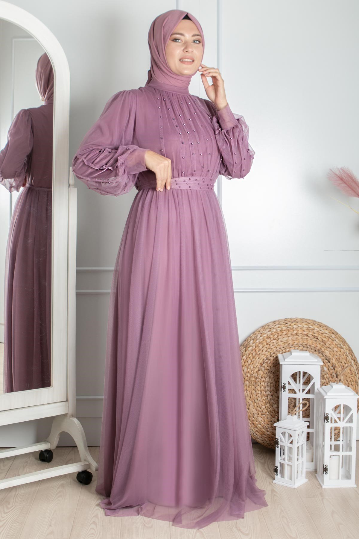 LAVİN İNCİ TAŞ DETAYLI TÜL ABİYEFHM846-LİLAFahima