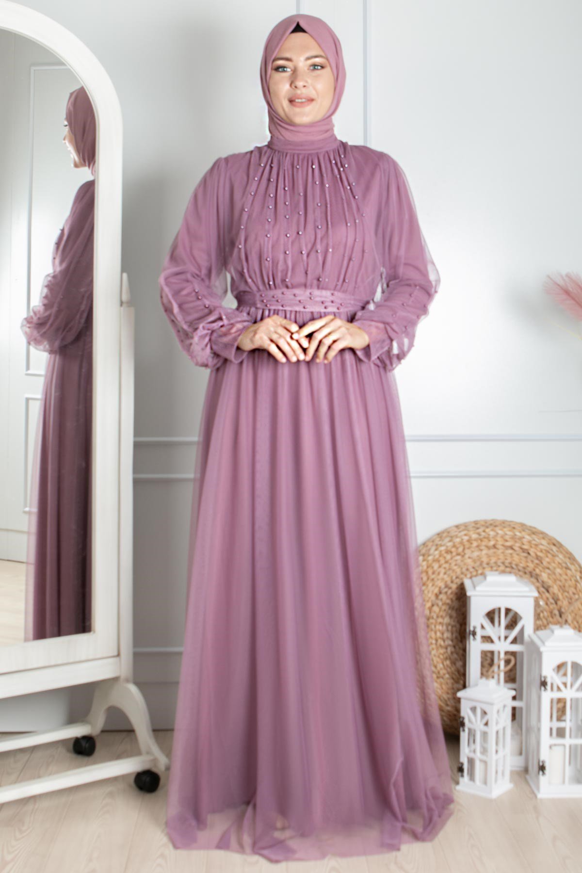 LAVİN İNCİ TAŞ DETAYLI TÜL ABİYEFHM846-LİLAFahima