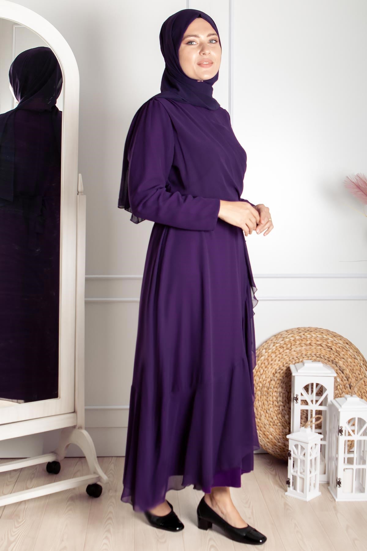 Rüschen-Detailliertes İslamisches Kleidungs-Abend-Kleid-Violett FHM850FHM850-MORFahima