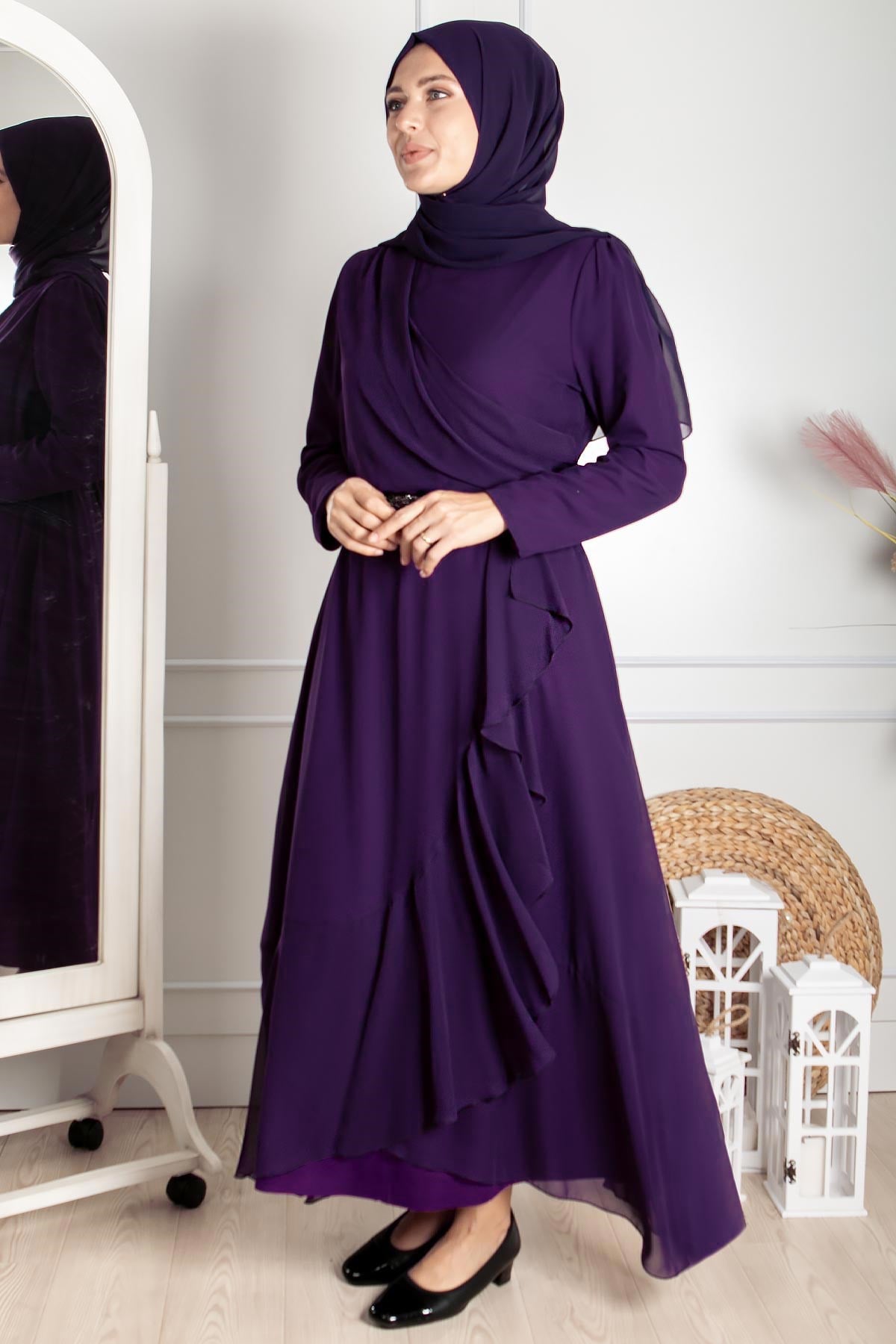 Rüschen-Detailliertes İslamisches Kleidungs-Abend-Kleid-Violett FHM850FHM850-MORFahima