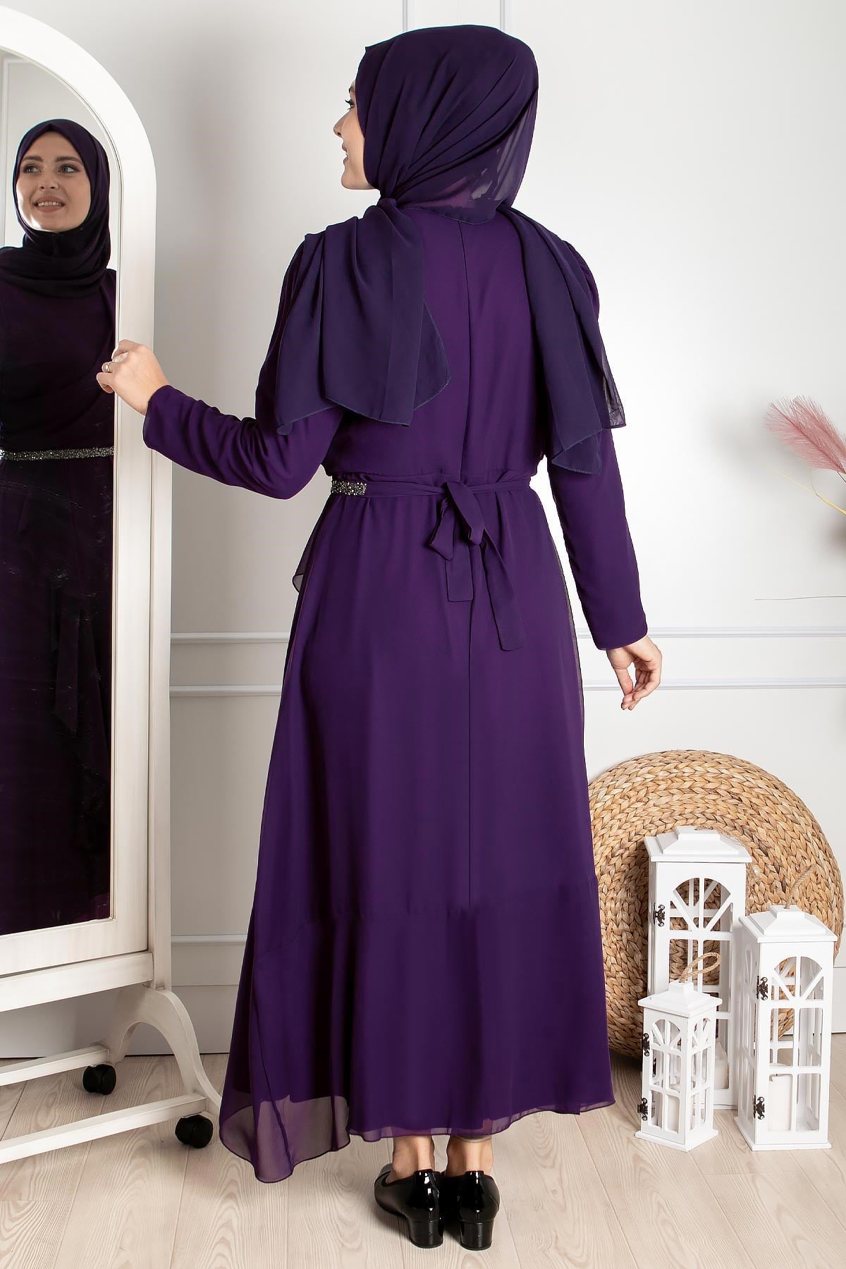 Rüschen-Detailliertes İslamisches Kleidungs-Abend-Kleid-Violett FHM850FHM850-MORFahima