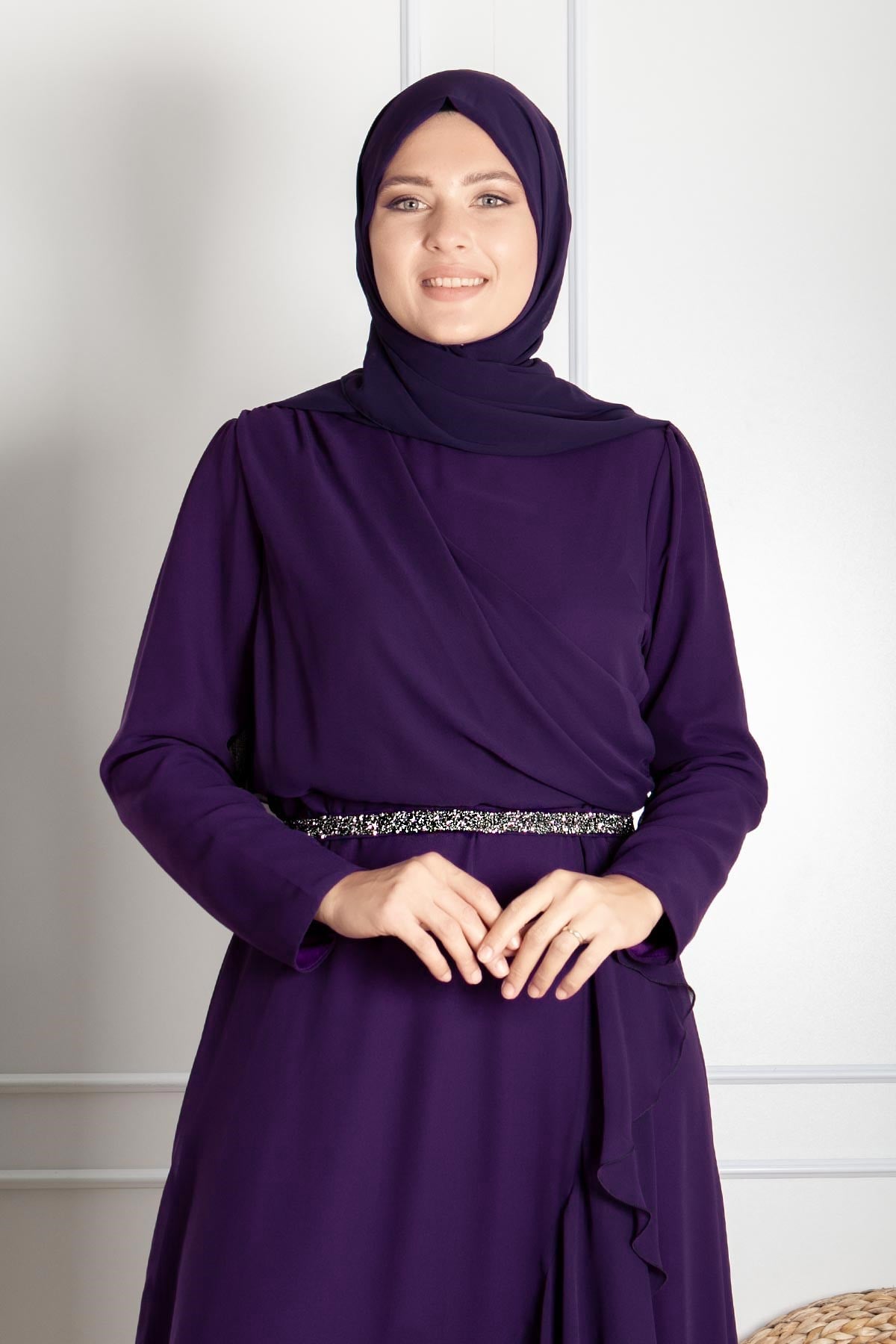 Rüschen-Detailliertes İslamisches Kleidungs-Abend-Kleid-Violett FHM850FHM850-MORFahima