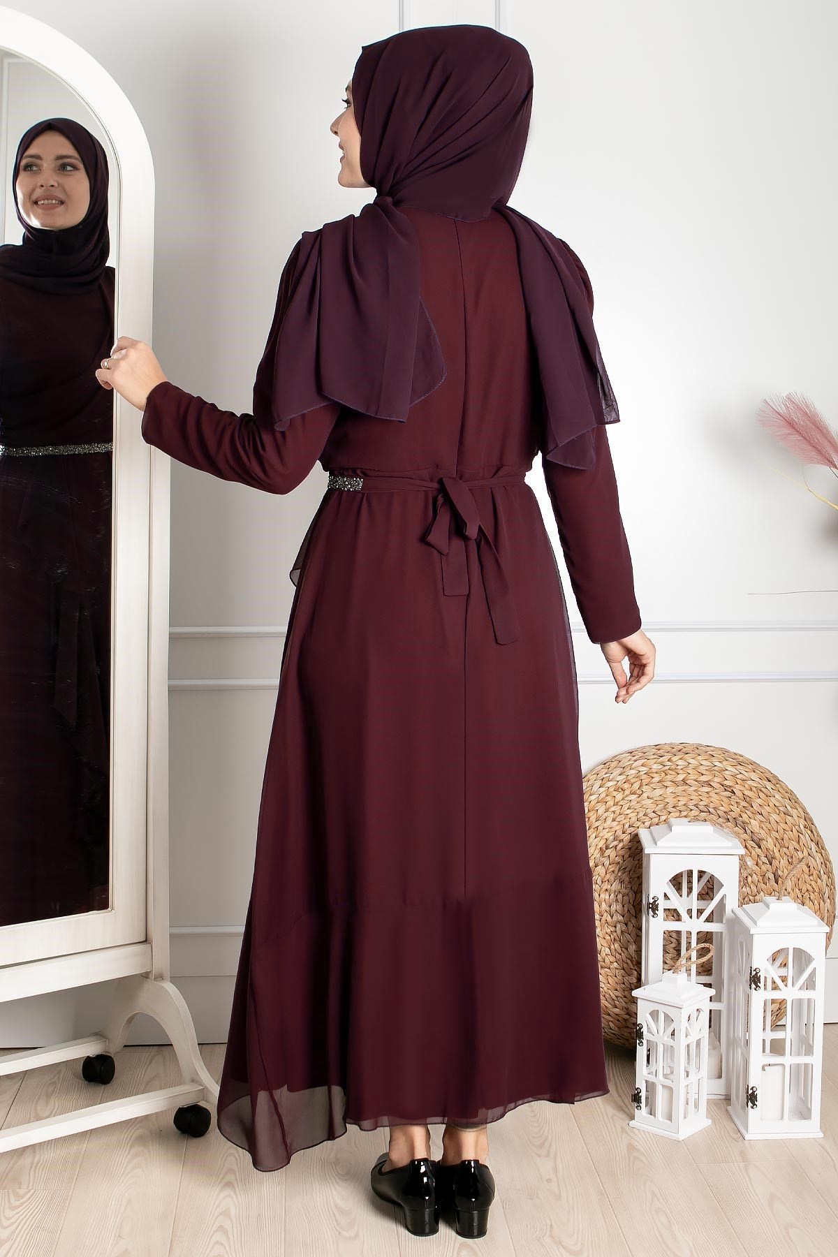 Fırfır Detaylı Tesettür Abiye Mürdüm FHM850FHM850-MÜRDÜMFahima