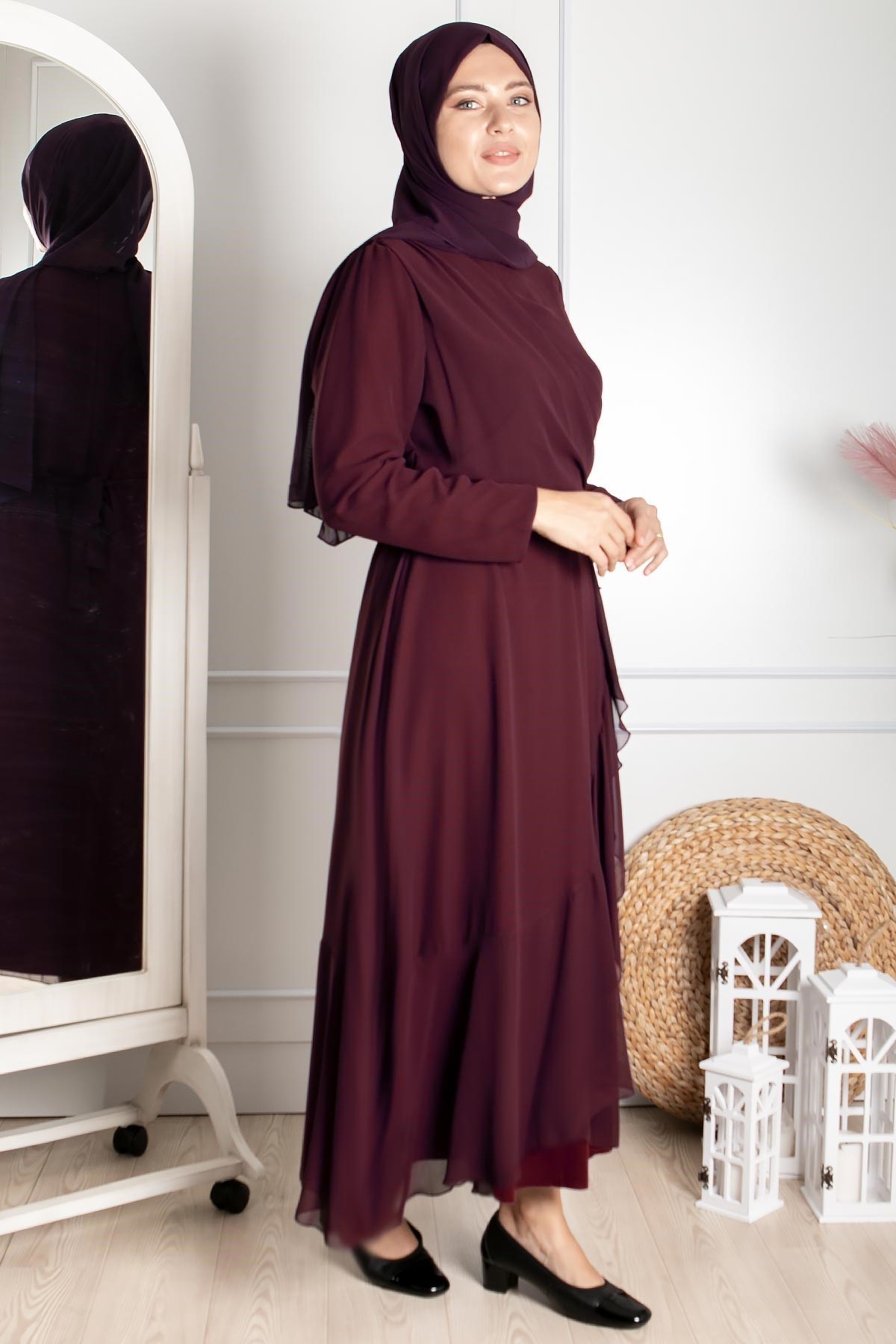 Fırfır Detaylı Tesettür Abiye Mürdüm FHM850FHM850-MÜRDÜMFahima