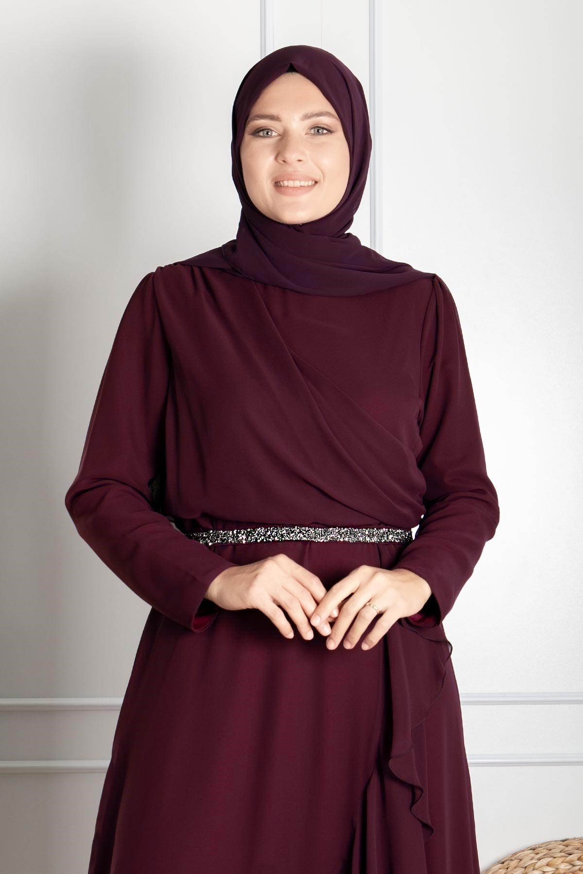 Fırfır Detaylı Tesettür Abiye Mürdüm FHM850FHM850-MÜRDÜMFahima