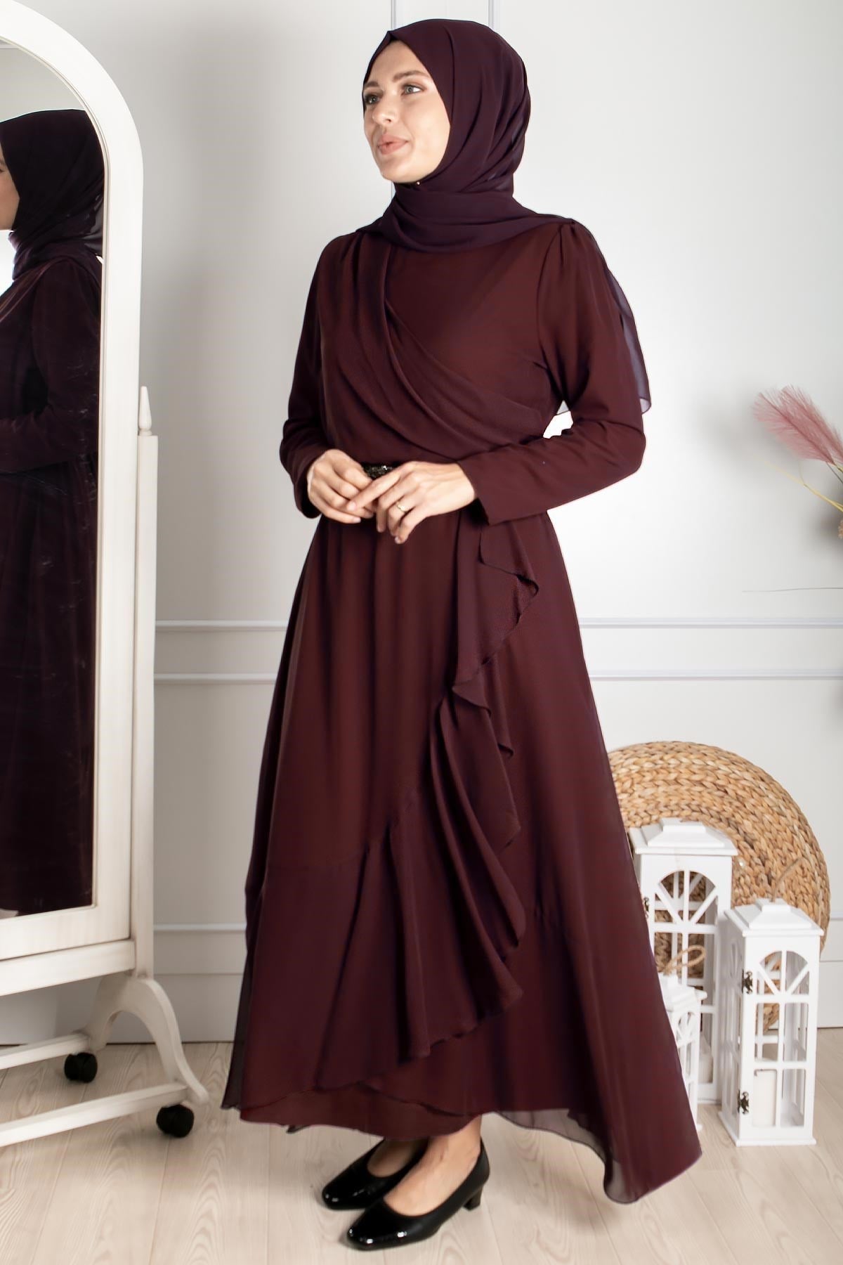 Fırfır Detaylı Tesettür Abiye Mürdüm FHM850FHM850-MÜRDÜMFahima