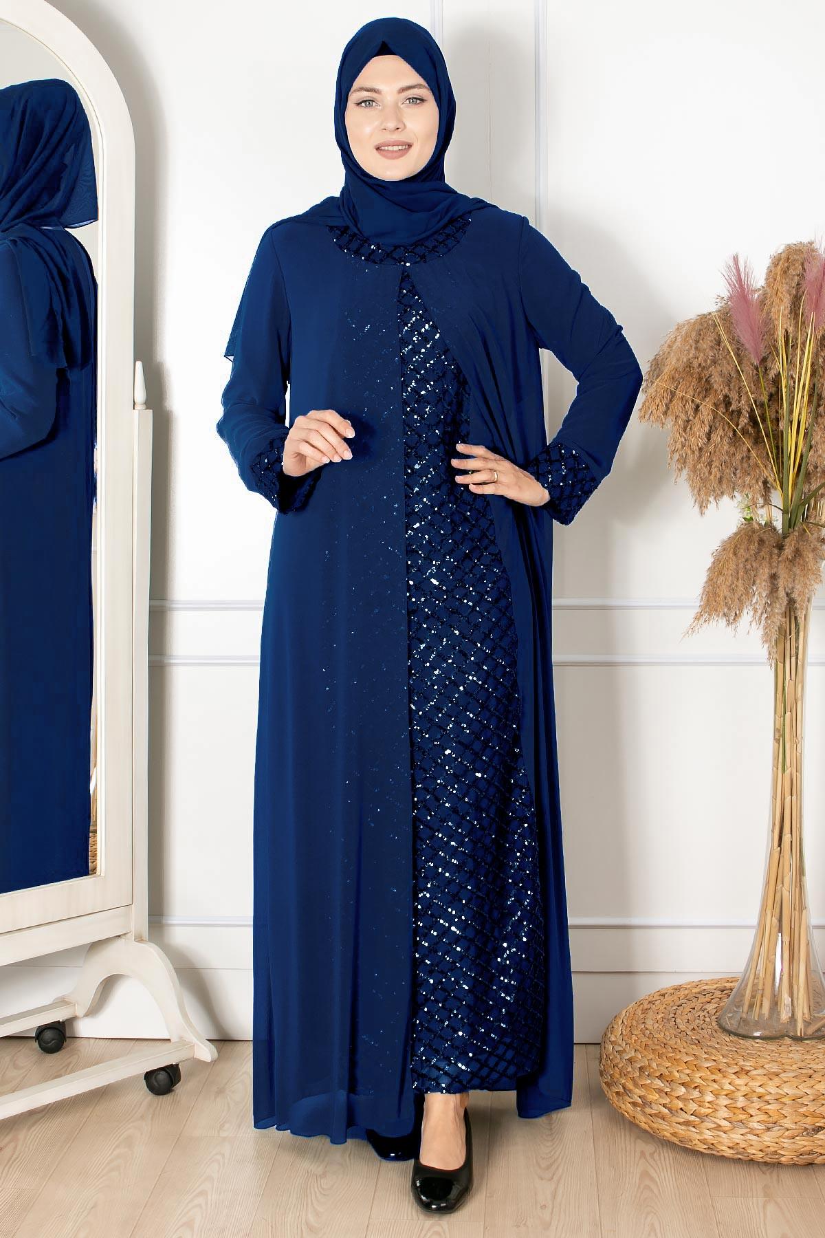 PELERİNLİ PAYET DETAYLI ABİYE FHM854-LACİVERTFahima