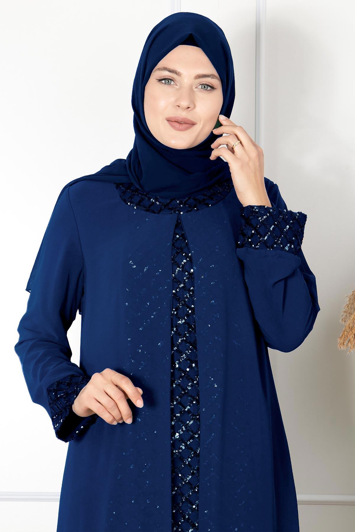 PELERİNLİ PAYET DETAYLI ABİYE FHM854-LACİVERTFahima