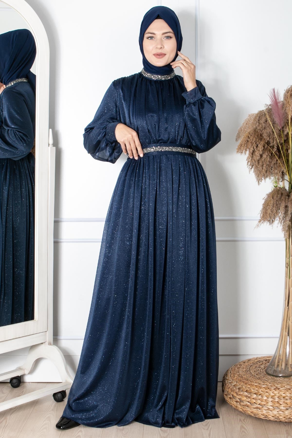 TAŞ İŞLEMELİ SİMLİ TÜL ABİYEFHM858-LACİVERTFahima
