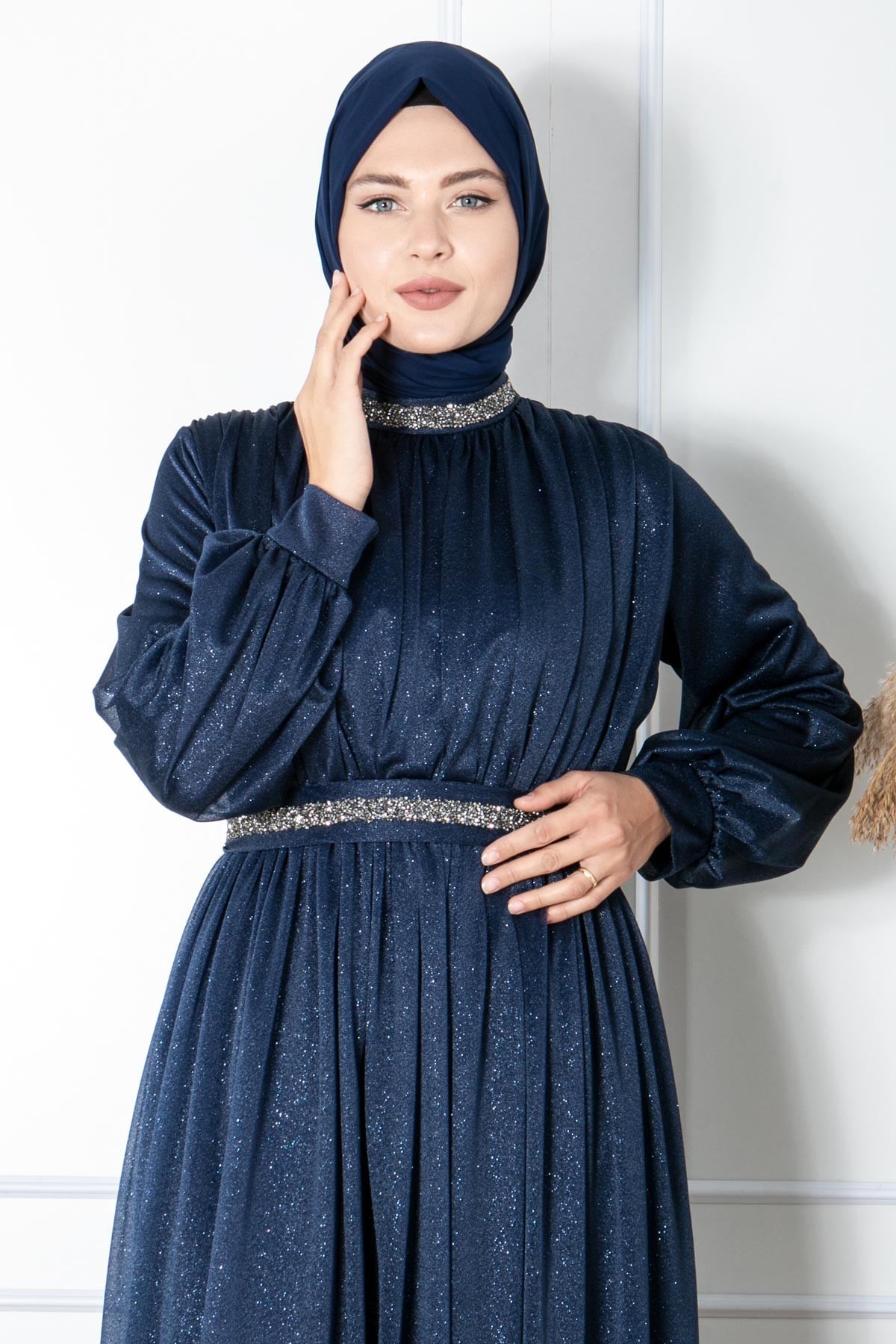 TAŞ İŞLEMELİ SİMLİ TÜL ABİYEFHM858-LACİVERTFahima