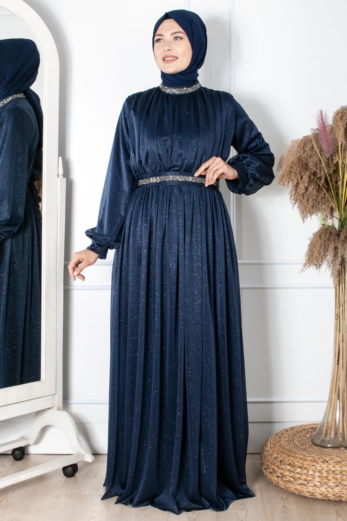 TAŞ İŞLEMELİ SİMLİ TÜL ABİYEFHM858-LACİVERTFahima