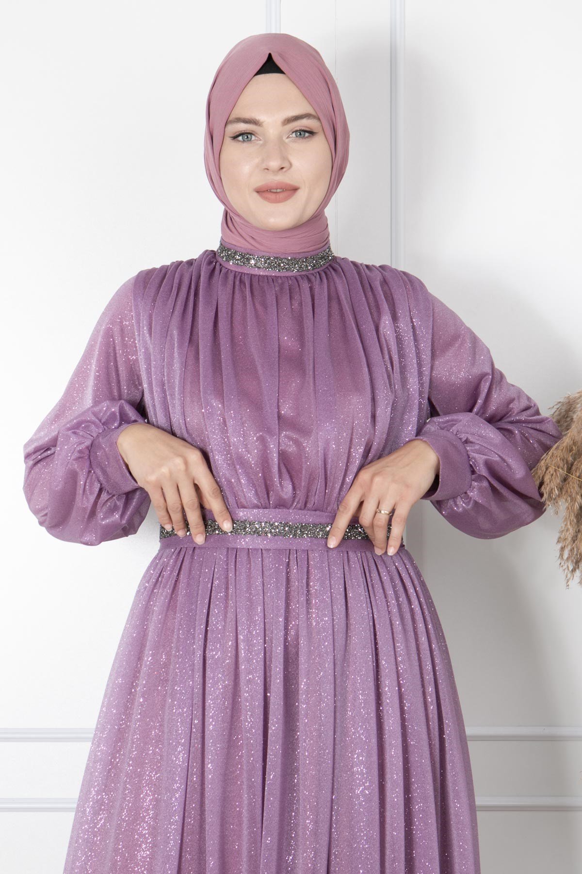 TAŞ İŞLEMELİ SİMLİ TÜL ABİYEFHM858-LİLAFahima