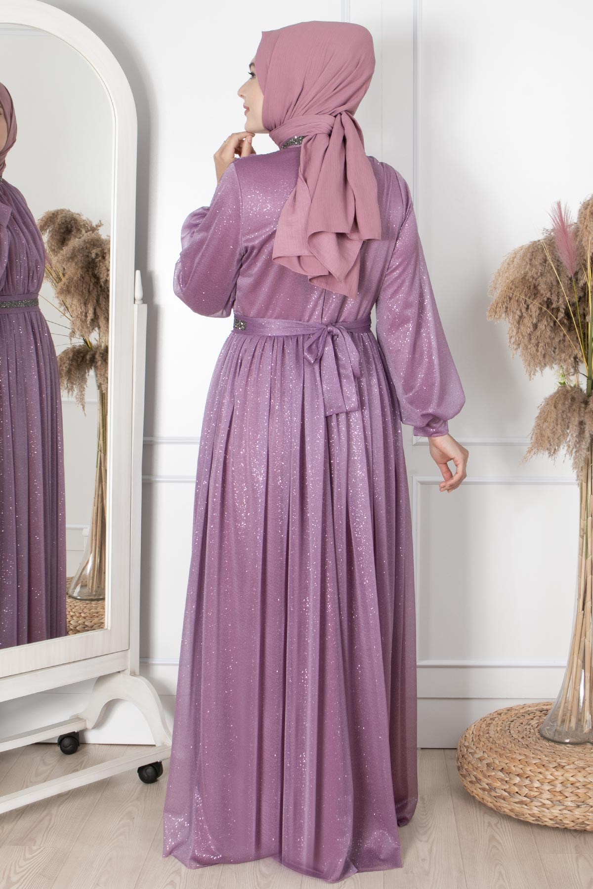 TAŞ İŞLEMELİ SİMLİ TÜL ABİYEFHM858-LİLAFahima