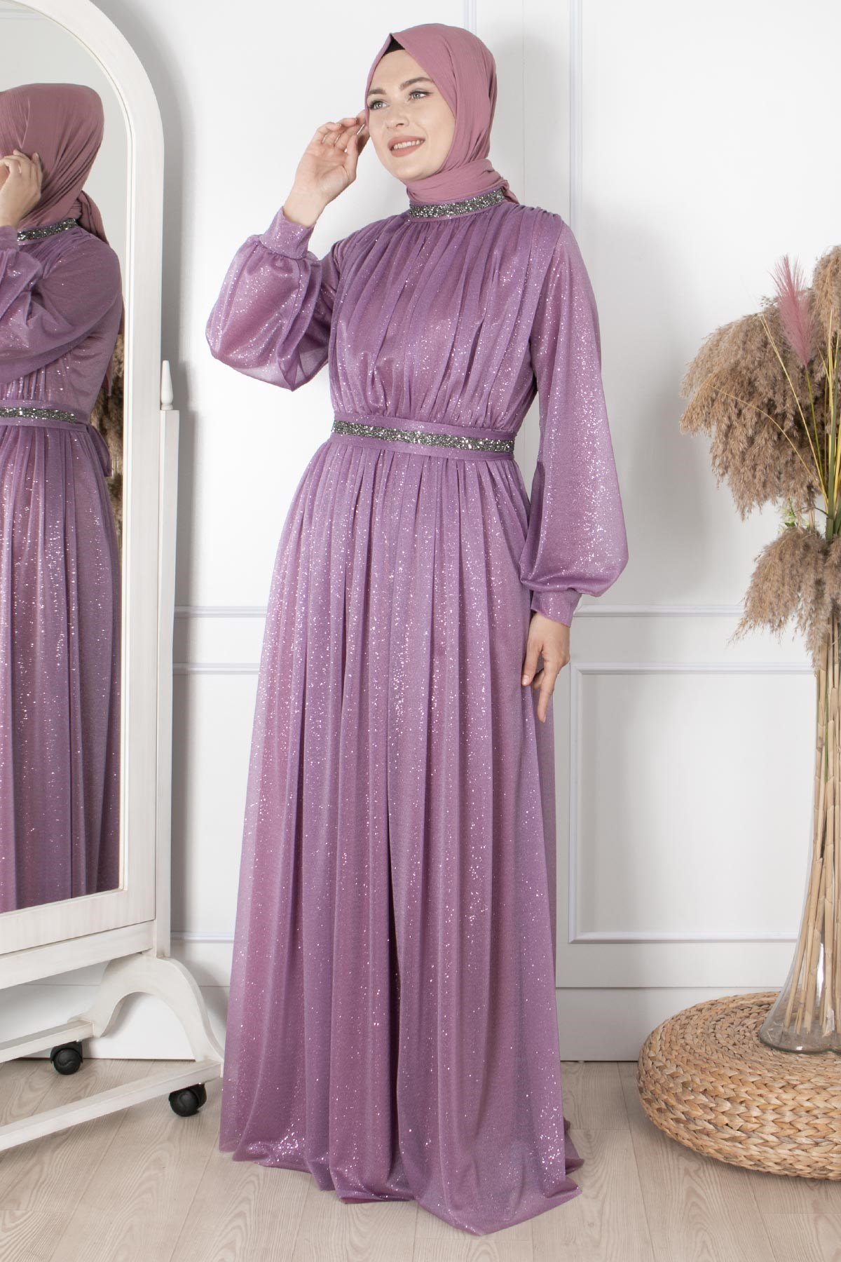 TAŞ İŞLEMELİ SİMLİ TÜL ABİYEFHM858-LİLAFahima