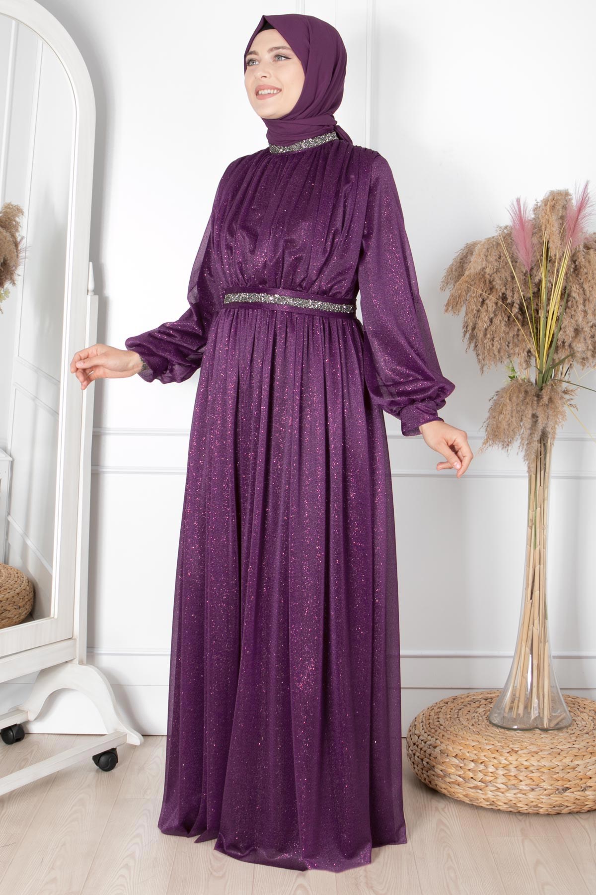 TAŞ İŞLEMELİ SİMLİ TÜL ABİYEFHM858-MORFahima