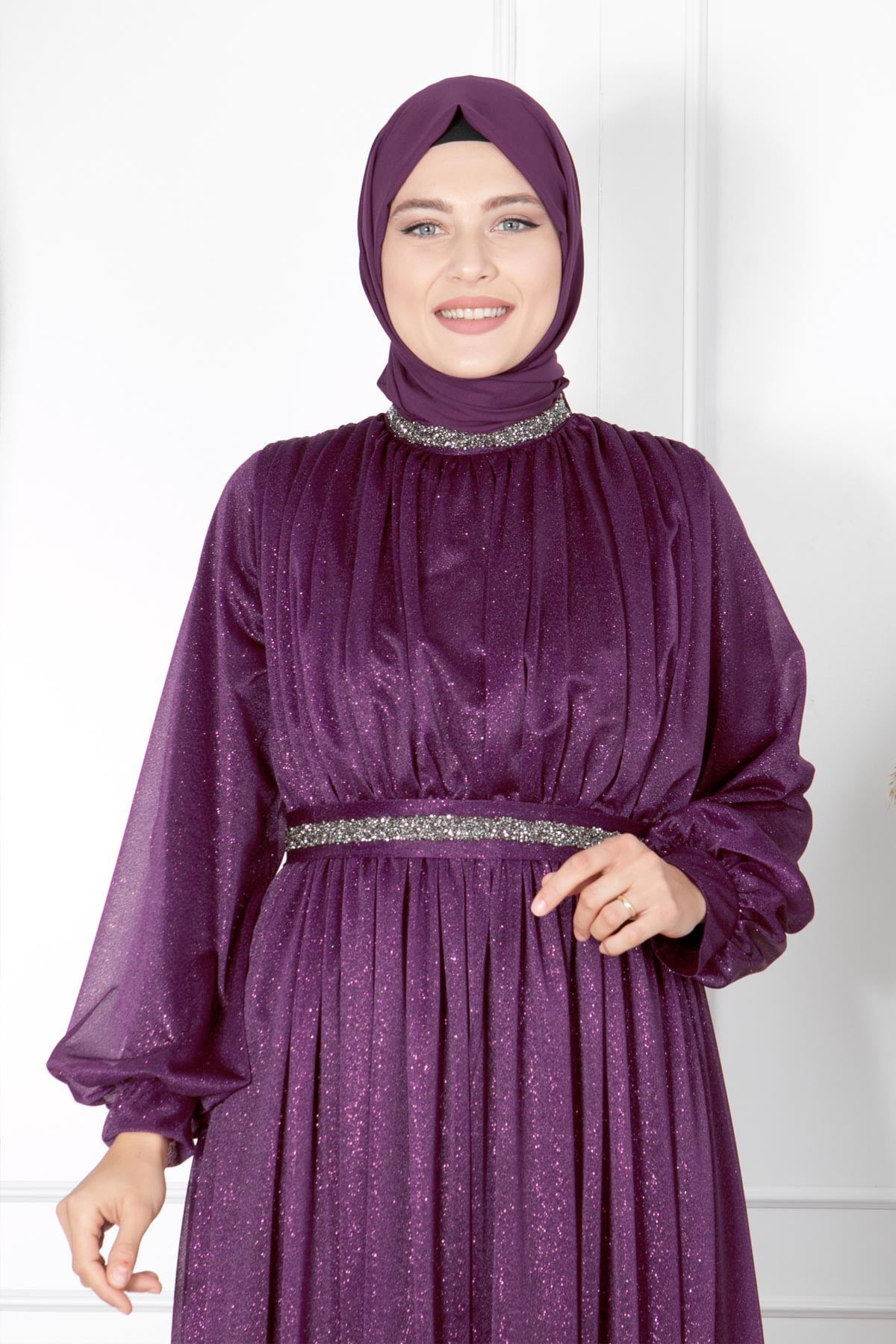TAŞ İŞLEMELİ SİMLİ TÜL ABİYEFHM858-MORFahima