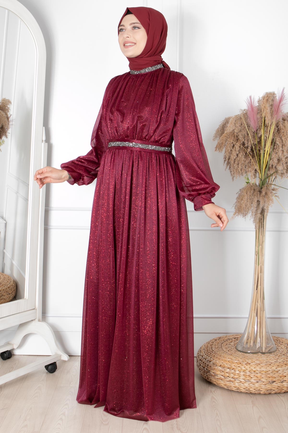 TAŞ İŞLEMELİ SİMLİ TÜL ABİYEFHM858-MÜRDÜMFahima