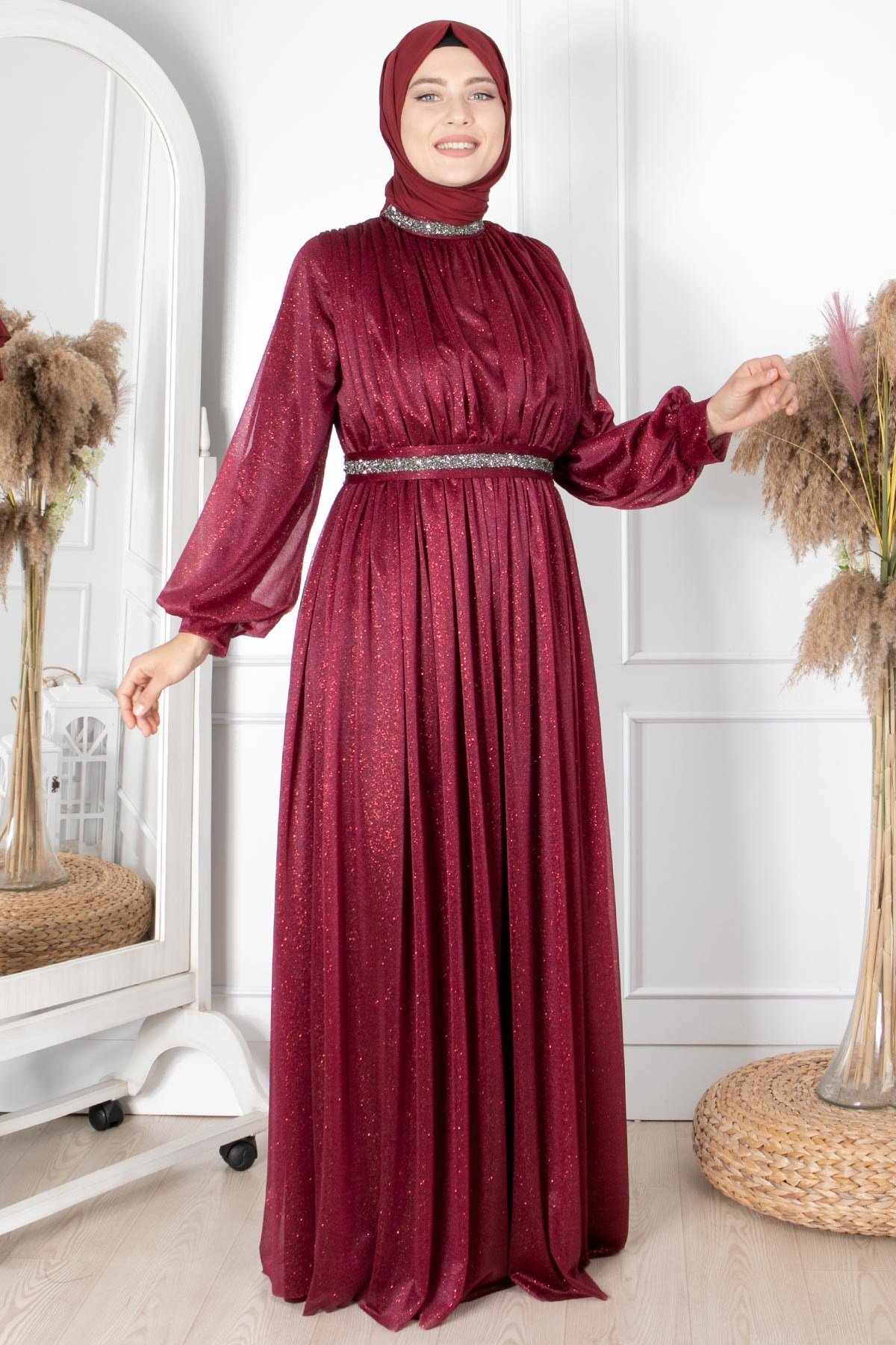 TAŞ İŞLEMELİ SİMLİ TÜL ABİYEFHM858-MÜRDÜMFahima