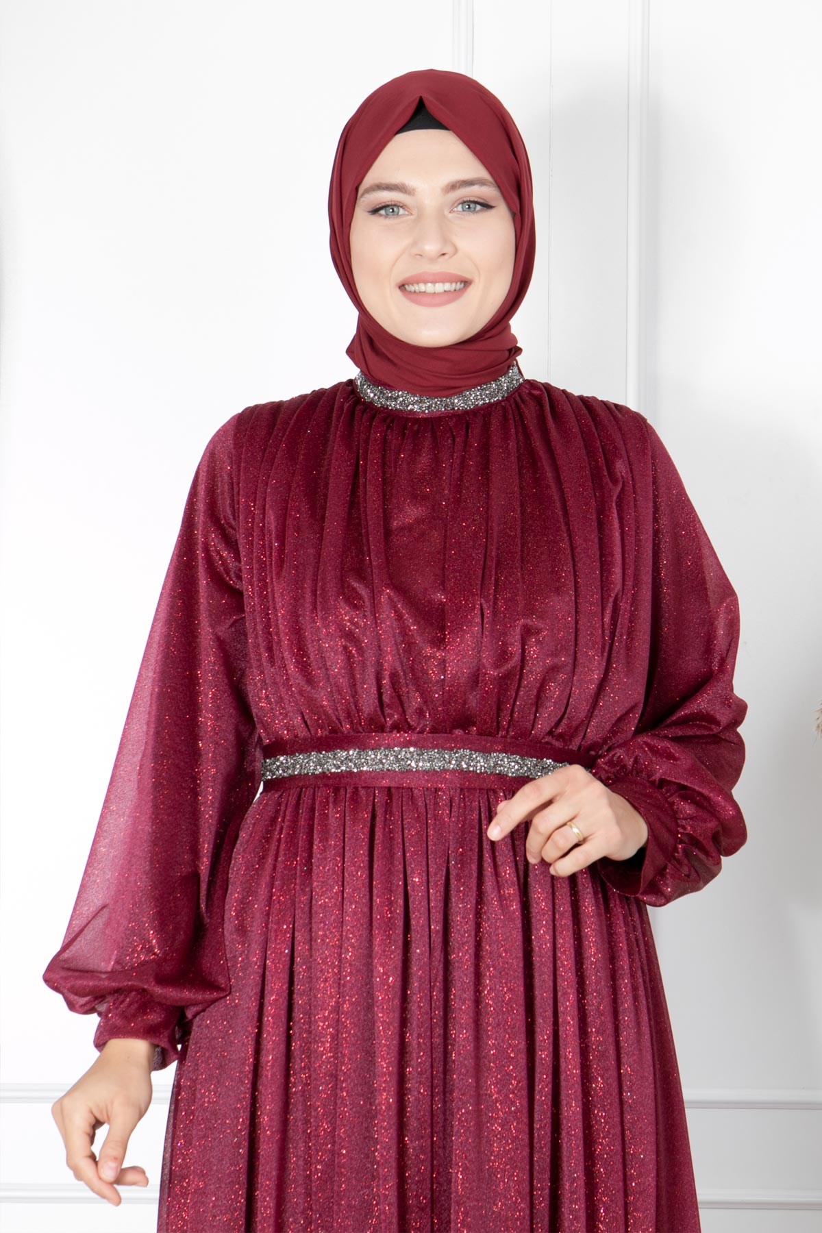 TAŞ İŞLEMELİ SİMLİ TÜL ABİYEFHM858-MÜRDÜMFahima