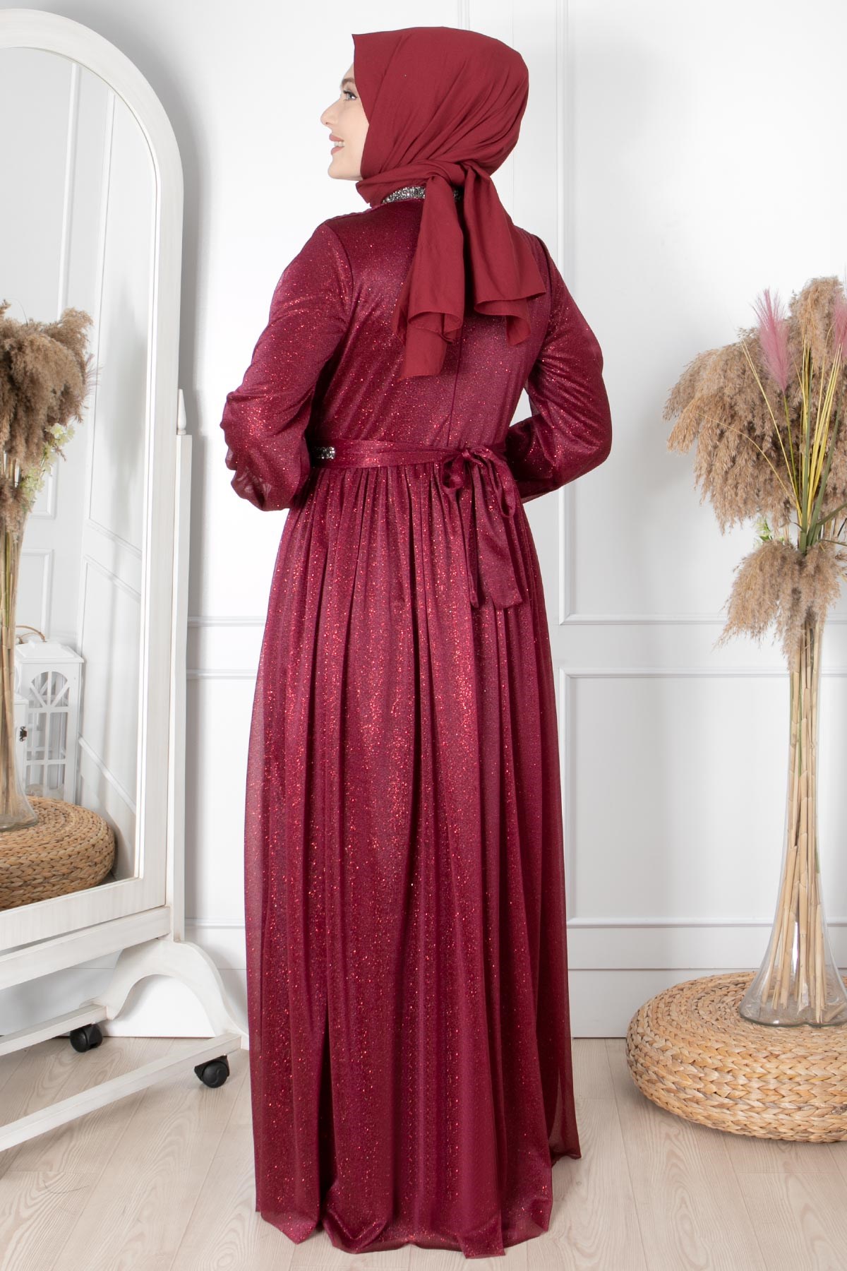 TAŞ İŞLEMELİ SİMLİ TÜL ABİYEFHM858-MÜRDÜMFahima