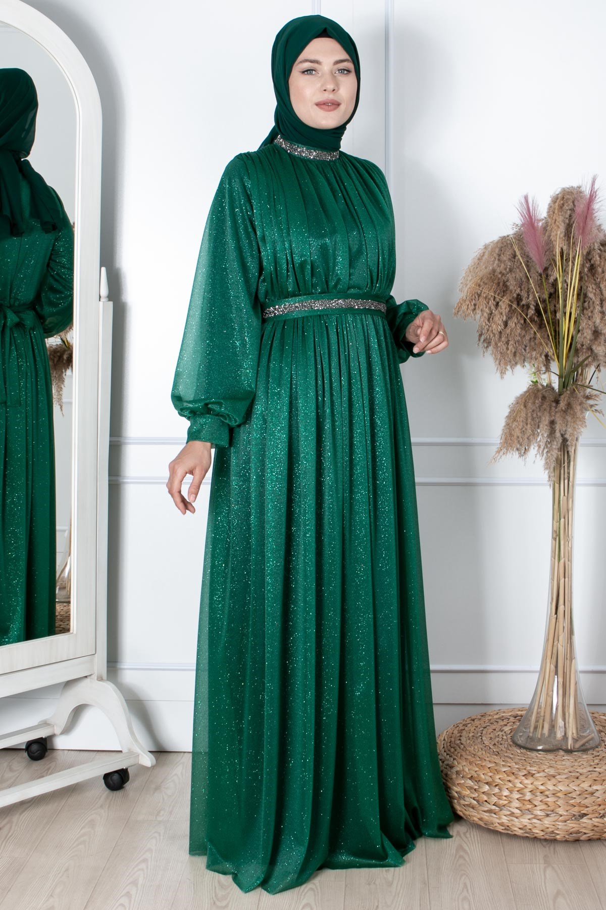 TAŞ İŞLEMELİ SİMLİ TÜL ABİYEFHM858-ZÜMRÜTFahima