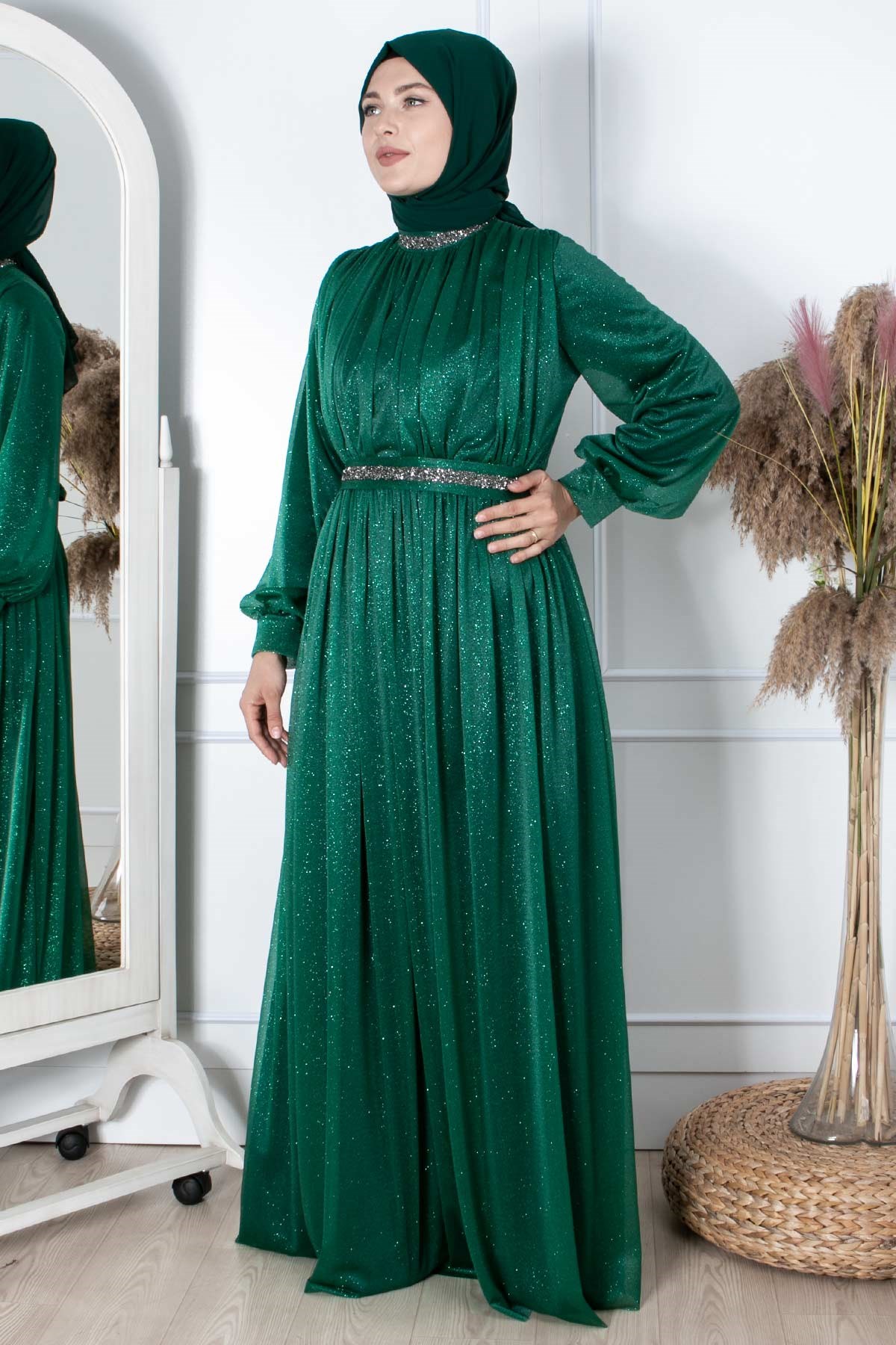 TAŞ İŞLEMELİ SİMLİ TÜL ABİYEFHM858-ZÜMRÜTFahima